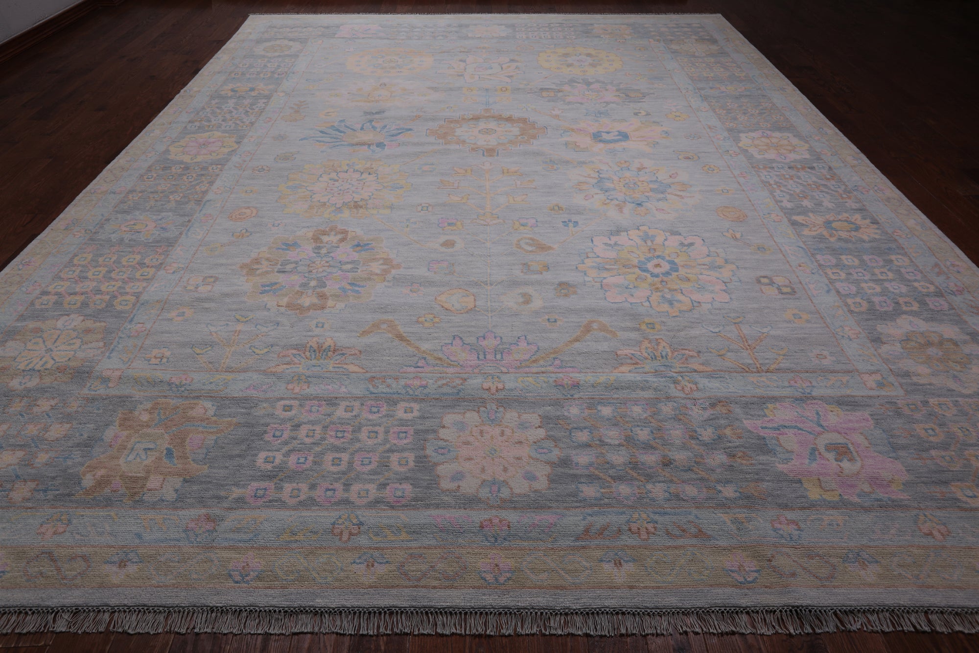 Grey Geometric Fine Serapi Hand Knotted Wool Rug - 12' 0" X 14' 11"