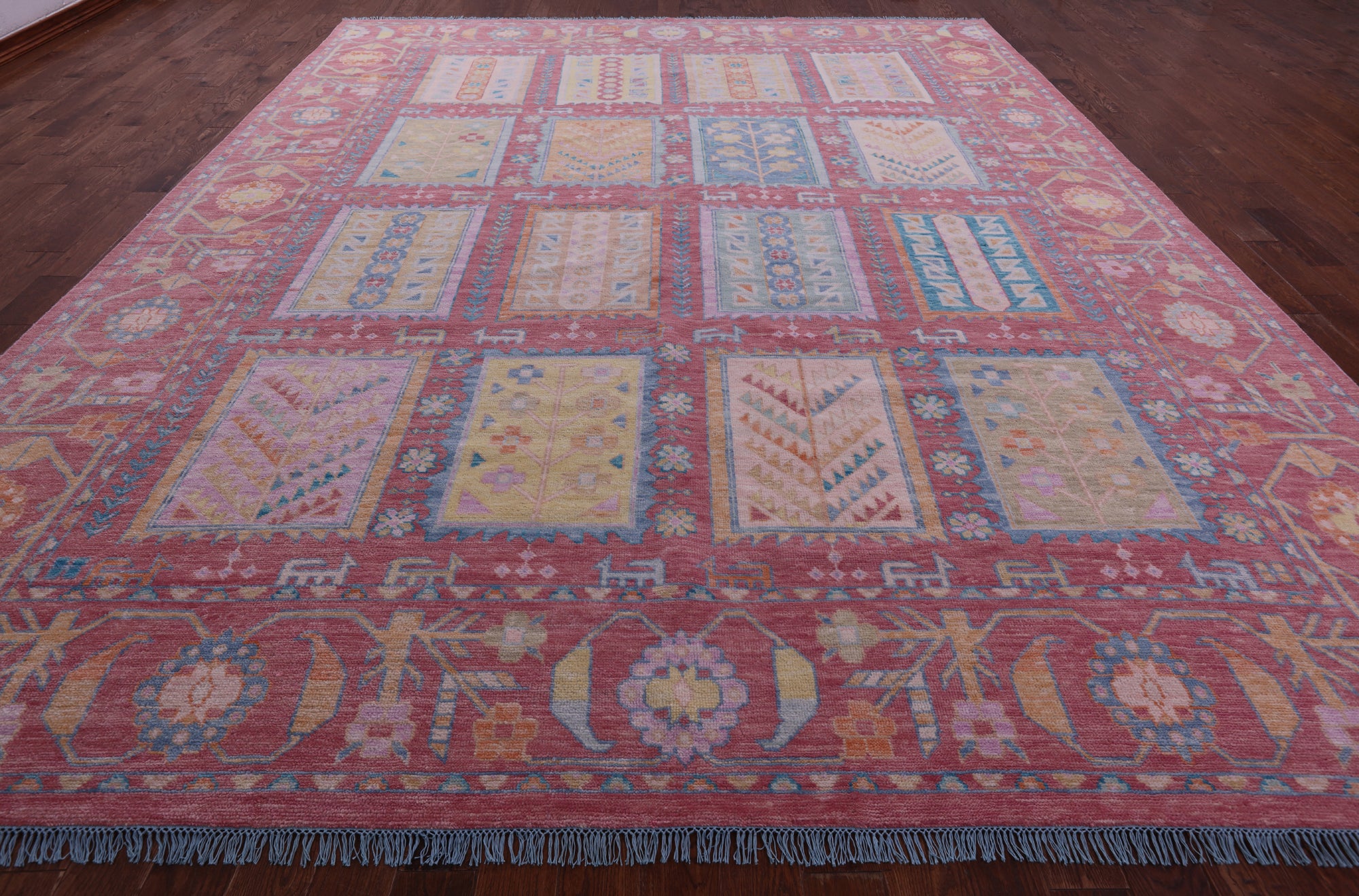 Pink Geometric Fine Serapi Hand Knotted Wool Rug - 12' 2" X 15' 1" - Golden Nile