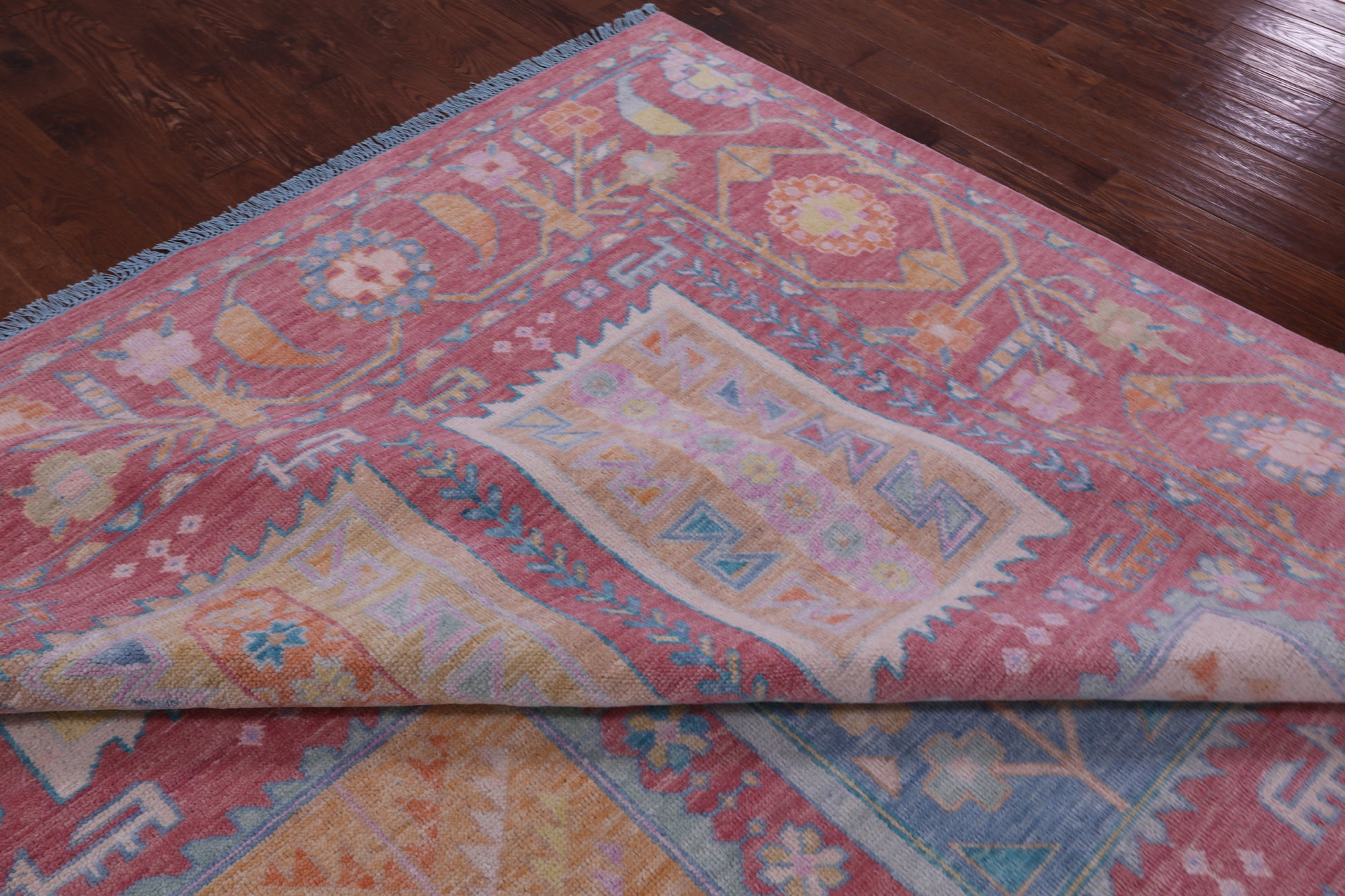 Pink Geometric Fine Serapi Hand Knotted Wool Rug - 12' 2" X 15' 1" - Golden Nile
