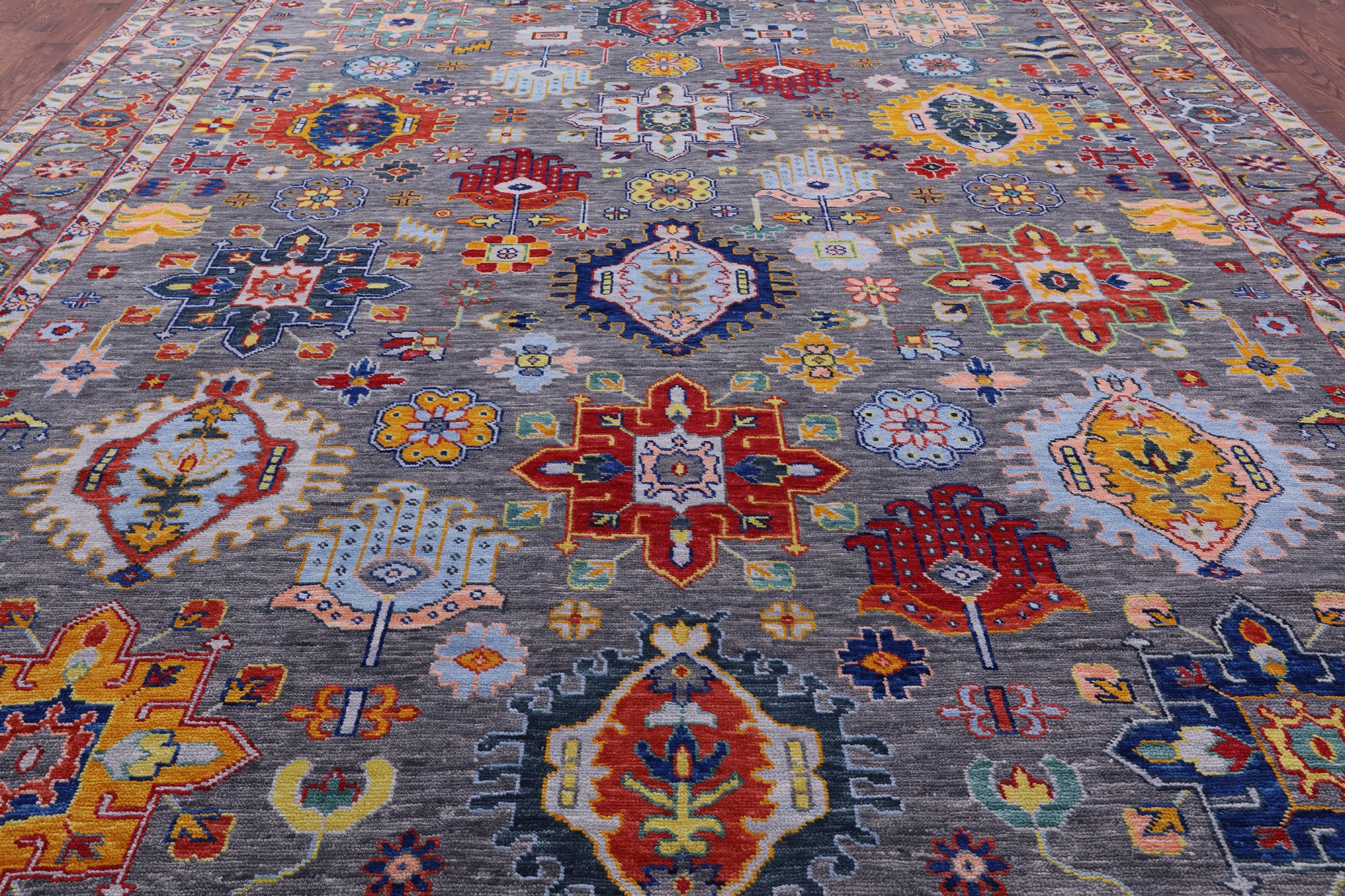 Grey Geometric Fine Serapi Hand Knotted Wool Rug - 12' 2" X 15' 4" - Golden Nile