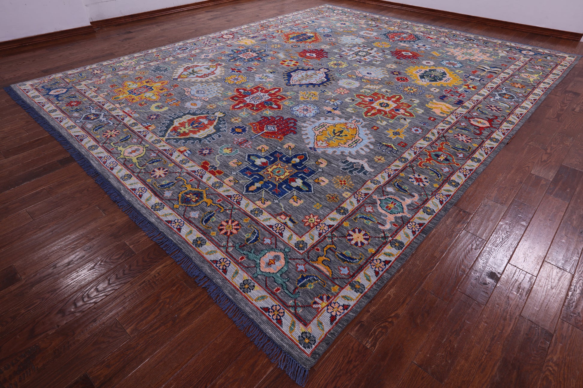 Grey Geometric Fine Serapi Hand Knotted Wool Rug - 12' 2" X 15' 4" - Golden Nile