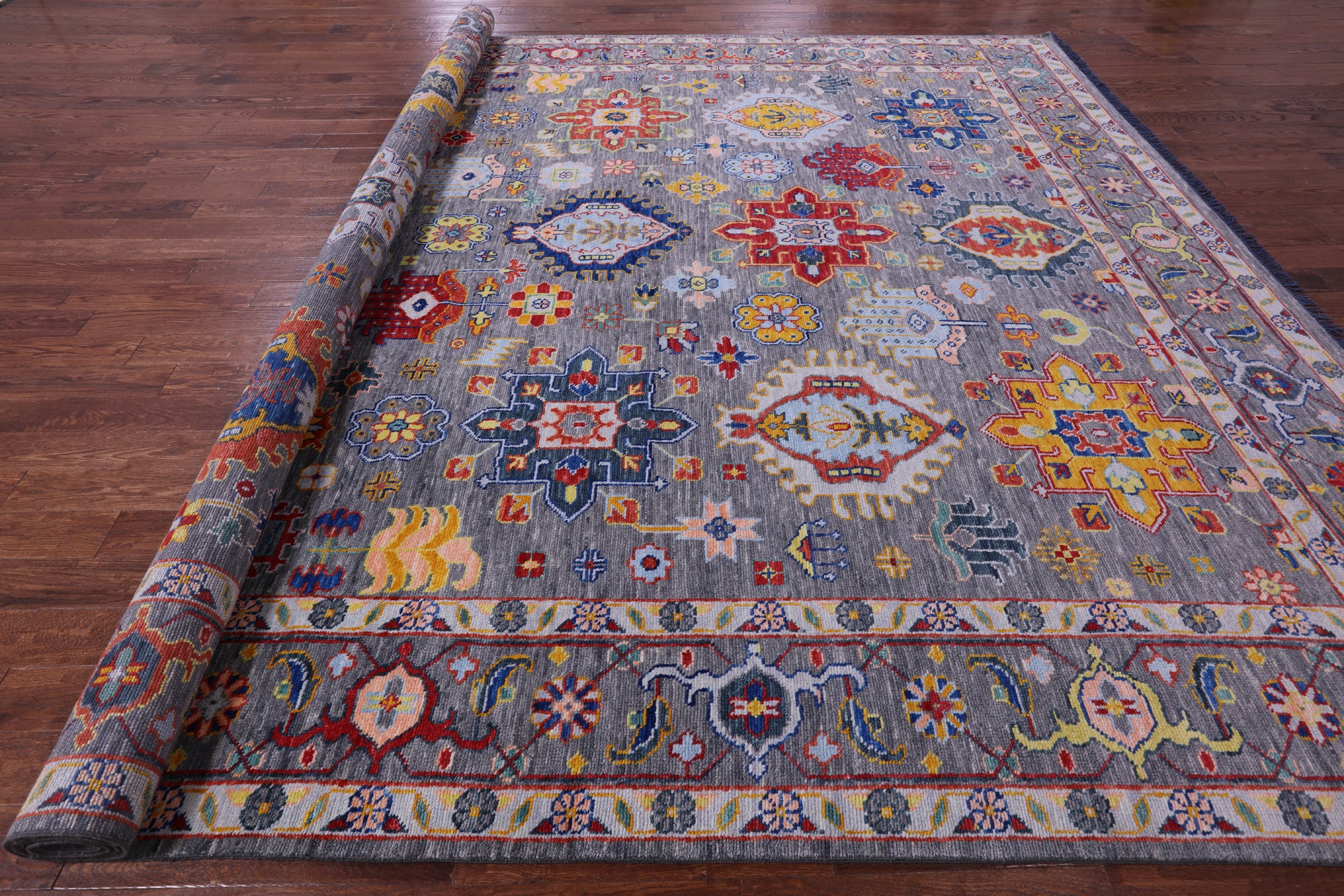 Grey Geometric Fine Serapi Hand Knotted Wool Rug - 12' 2" X 15' 4" - Golden Nile