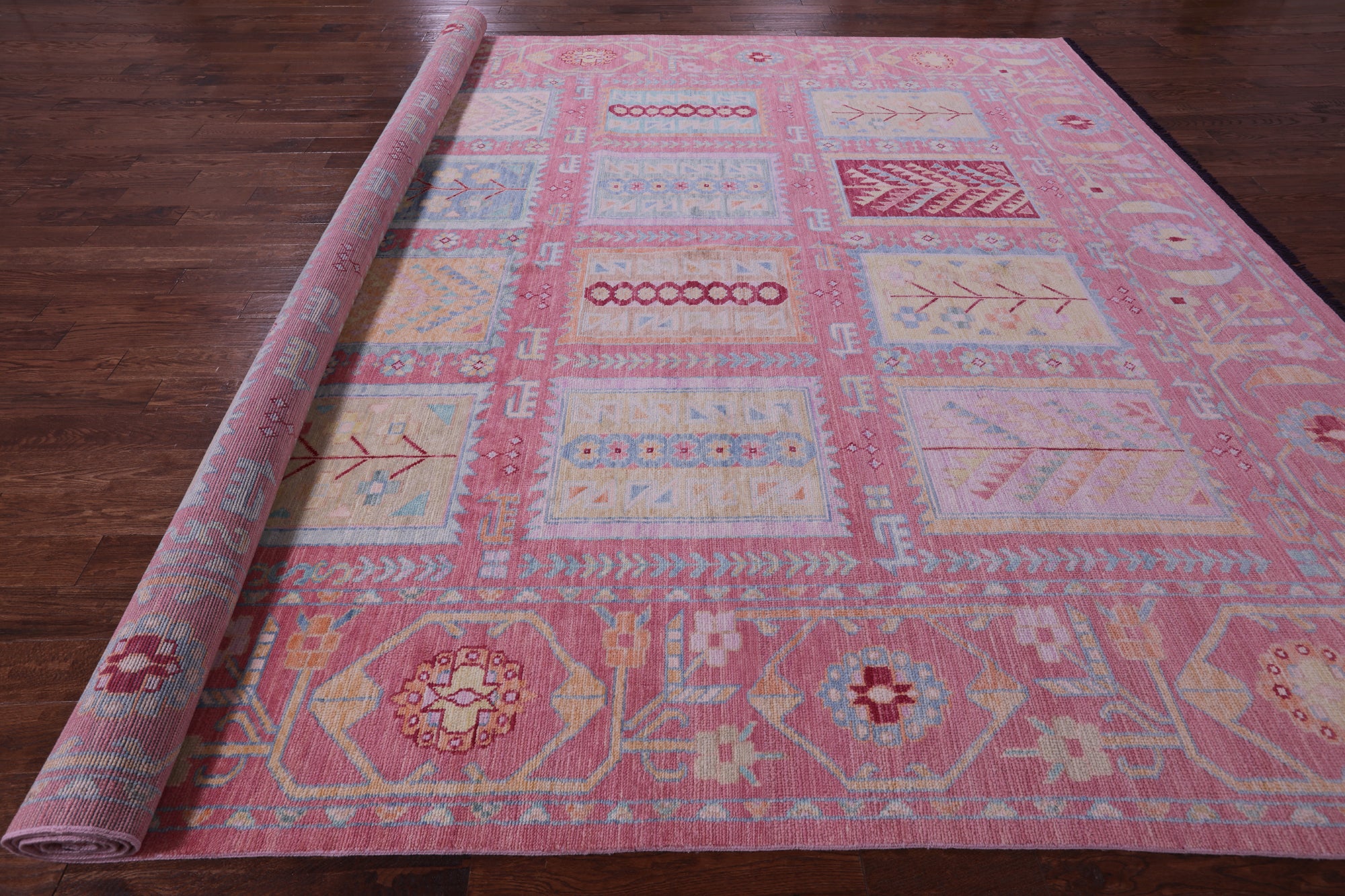 Pink Geometric Fine Serapi Hand Knotted Wool Rug - 11' 11" X 14' 8" - Golden Nile