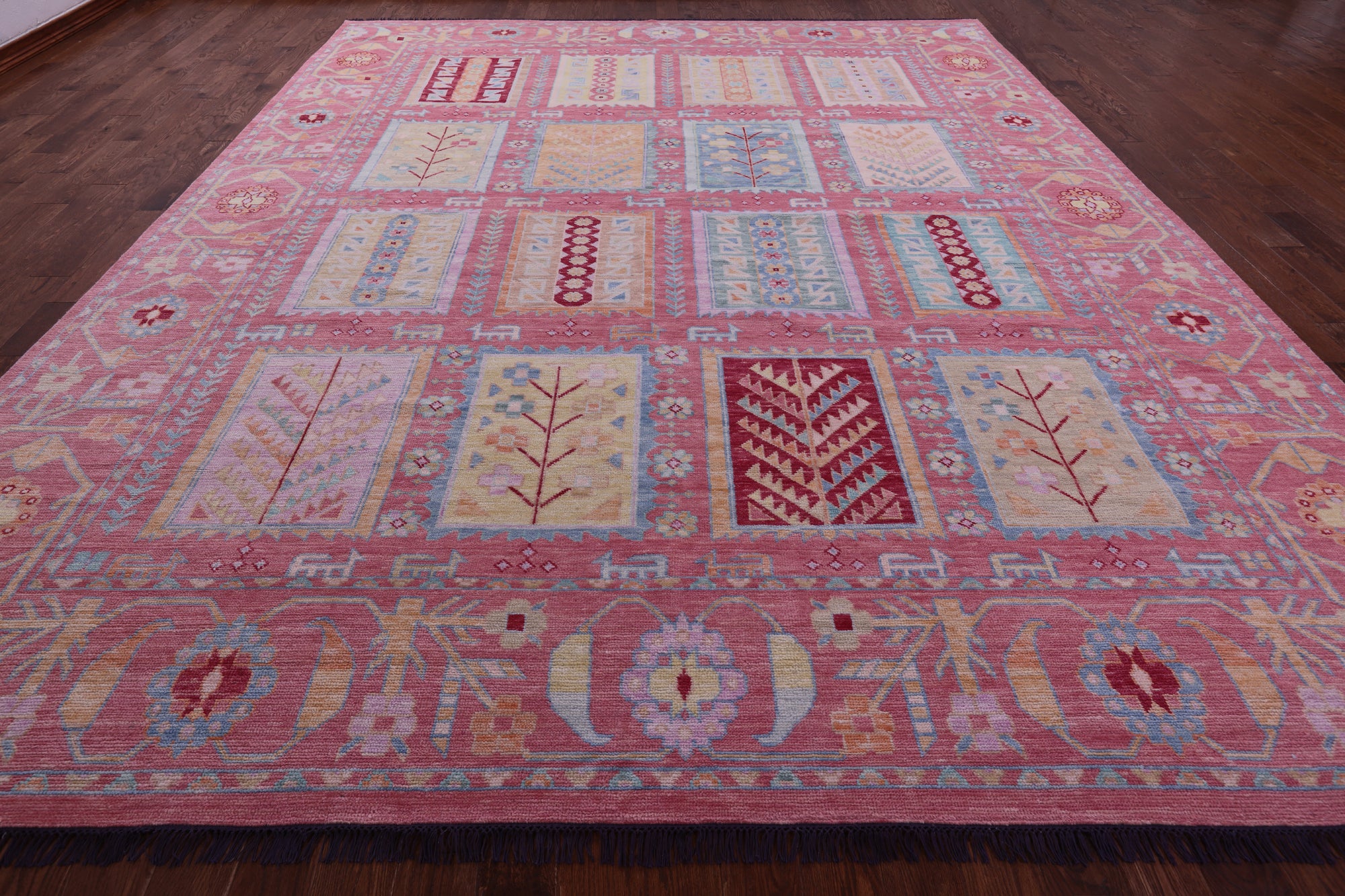 Pink Geometric Fine Serapi Hand Knotted Wool Rug - 11' 11" X 14' 8" - Golden Nile
