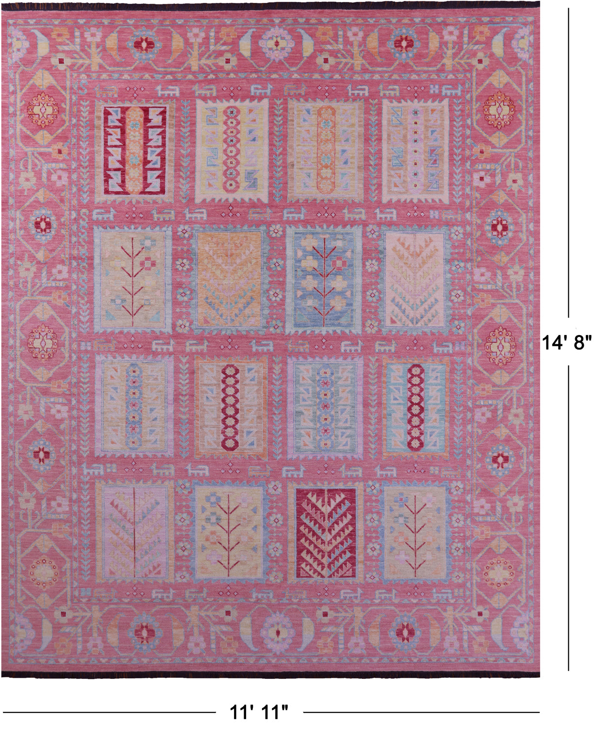 Pink Geometric Fine Serapi Hand Knotted Wool Rug - 11' 11" X 14' 8" - Golden Nile