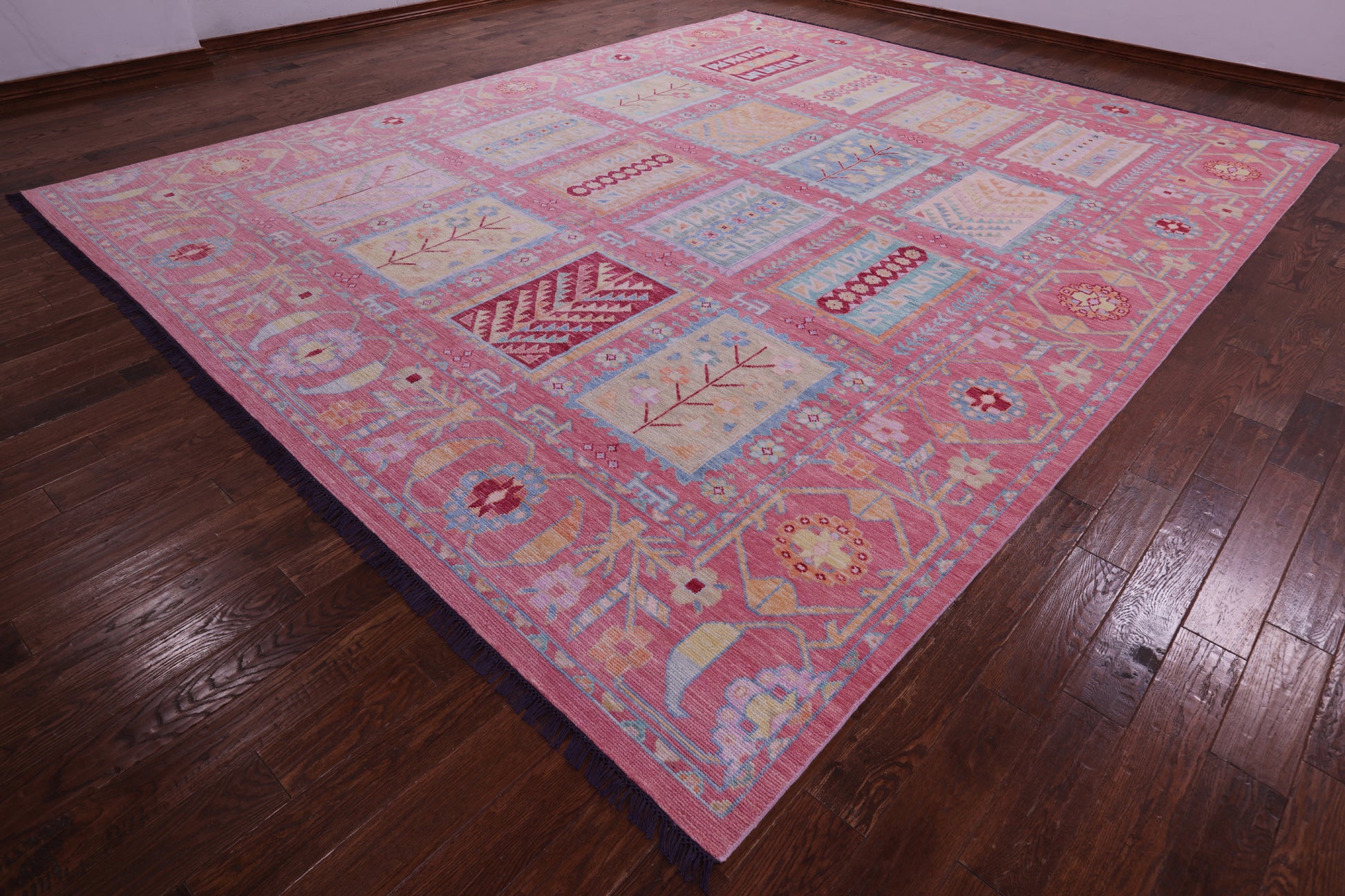 Pink Geometric Fine Serapi Hand Knotted Wool Rug - 11' 11" X 14' 8" - Golden Nile