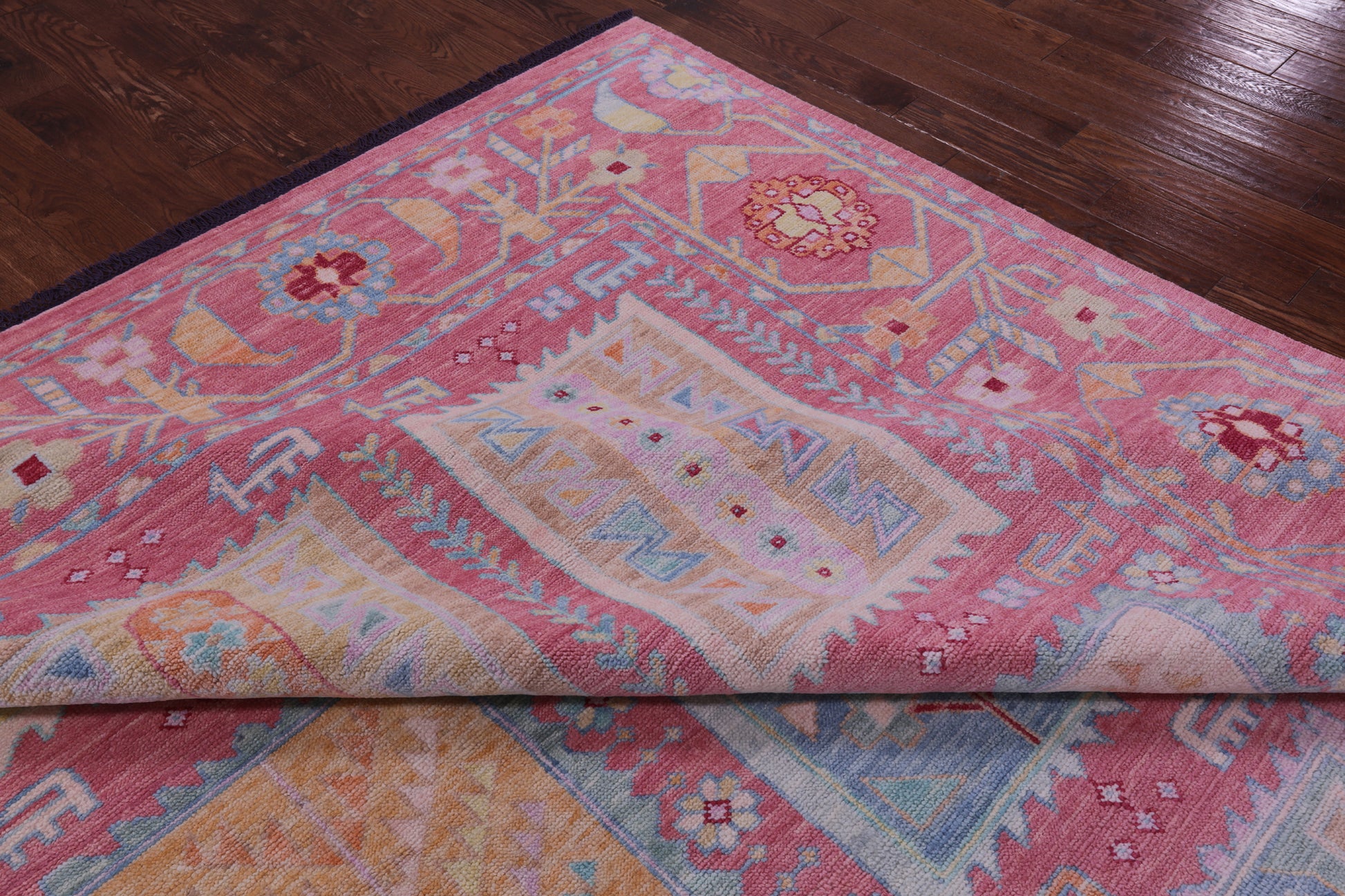 Pink Geometric Fine Serapi Hand Knotted Wool Rug - 11' 11" X 14' 8" - Golden Nile