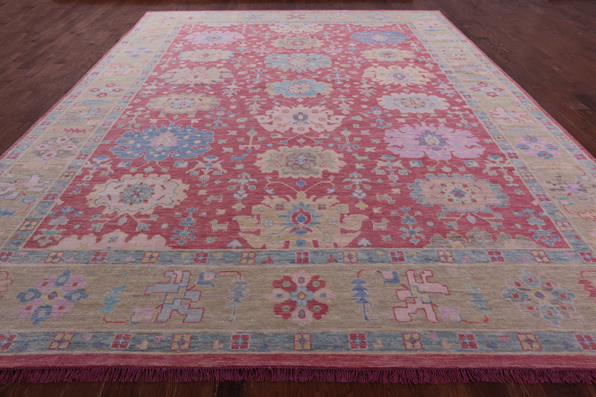Pink Turkish Oushak Hand Knotted Wool Rug - 12' 2" X 15' 0" - Golden Nile