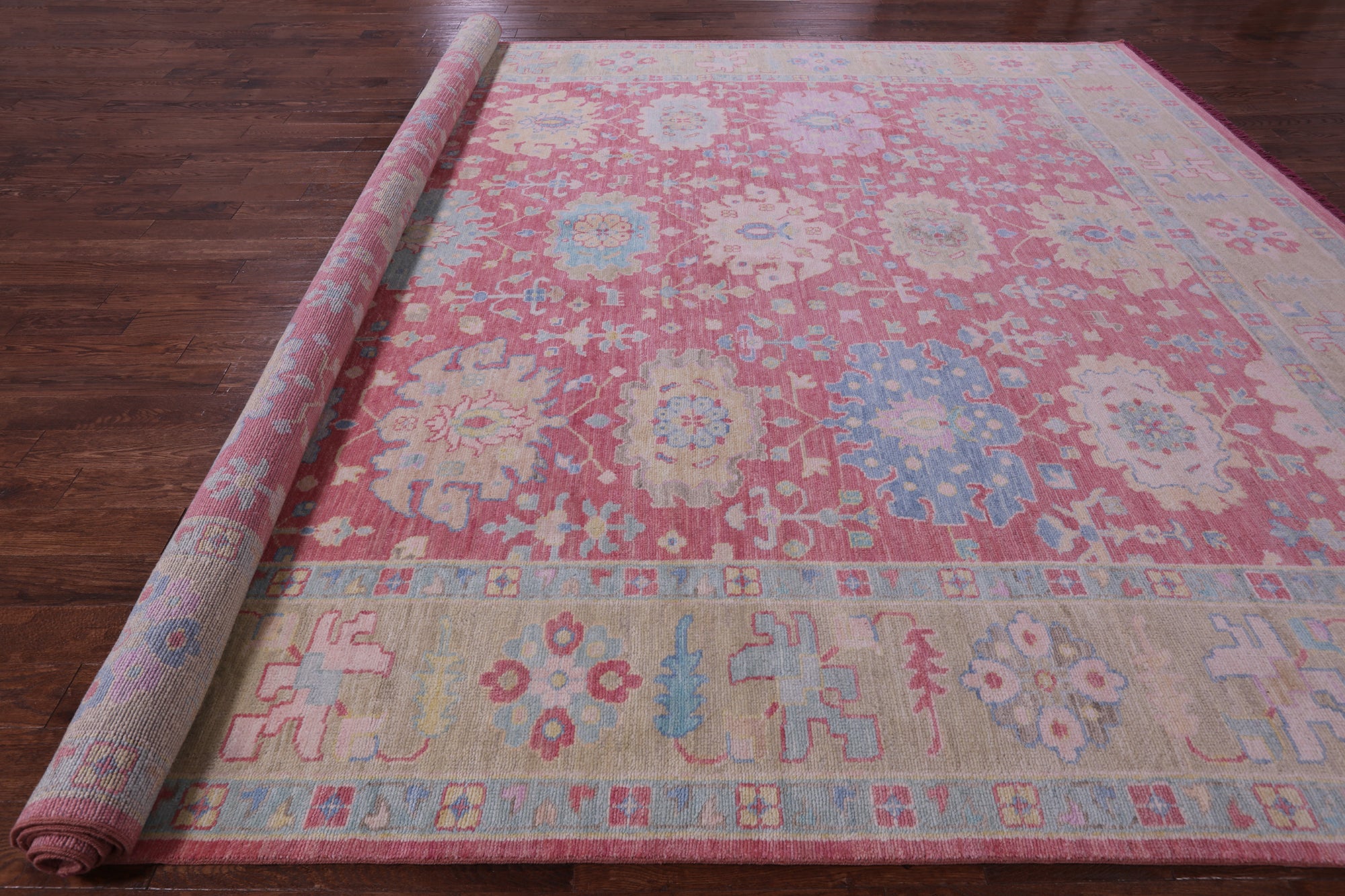 Pink Turkish Oushak Hand Knotted Wool Rug - 12' 2" X 15' 0" - Golden Nile
