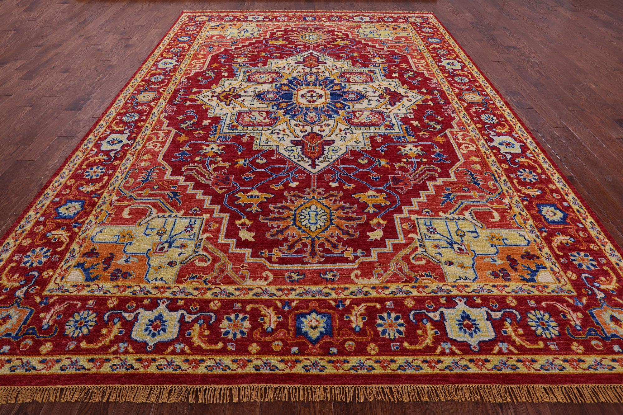 Red Geometric Fine Serapi Hand Knotted Wool Rug - 10' 1" X 13' 11" - Golden Nile