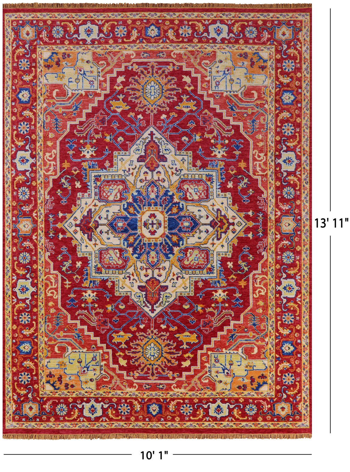 Red Geometric Fine Serapi Hand Knotted Wool Rug - 10' 1" X 13' 11" - Golden Nile