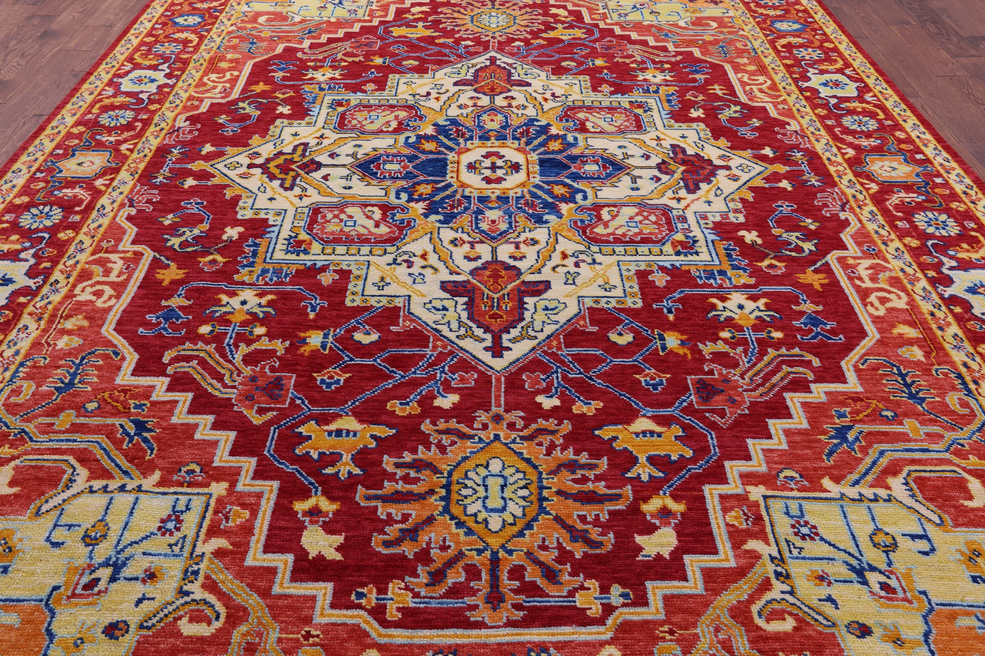 Red Geometric Fine Serapi Hand Knotted Wool Rug - 10' 1" X 13' 11" - Golden Nile