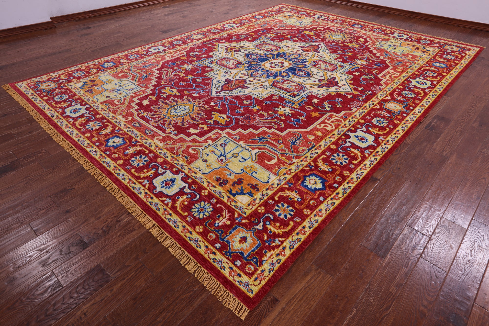 Red Geometric Fine Serapi Hand Knotted Wool Rug - 10' 1" X 13' 11" - Golden Nile