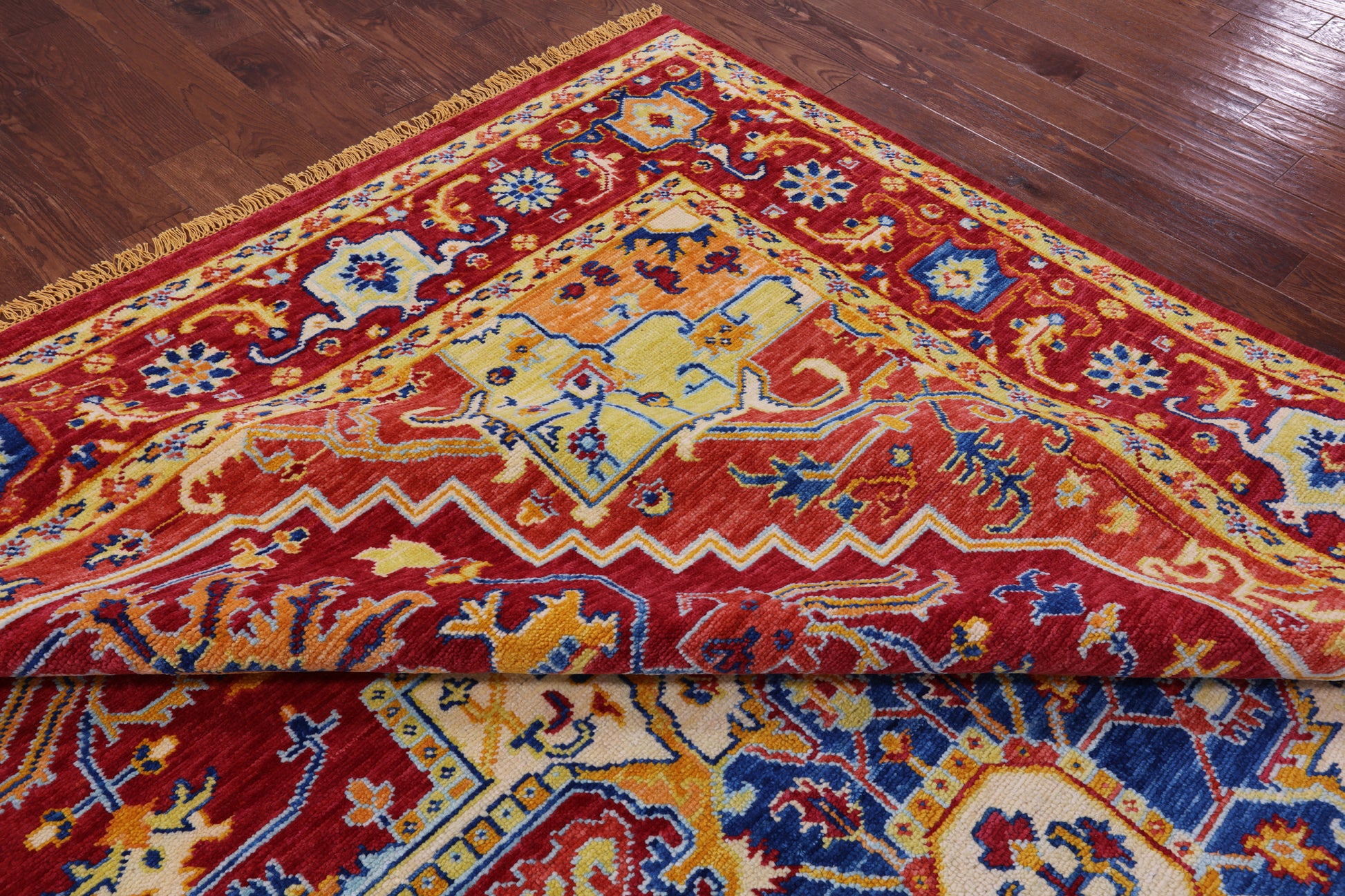 Red Geometric Fine Serapi Hand Knotted Wool Rug - 10' 1" X 13' 11" - Golden Nile