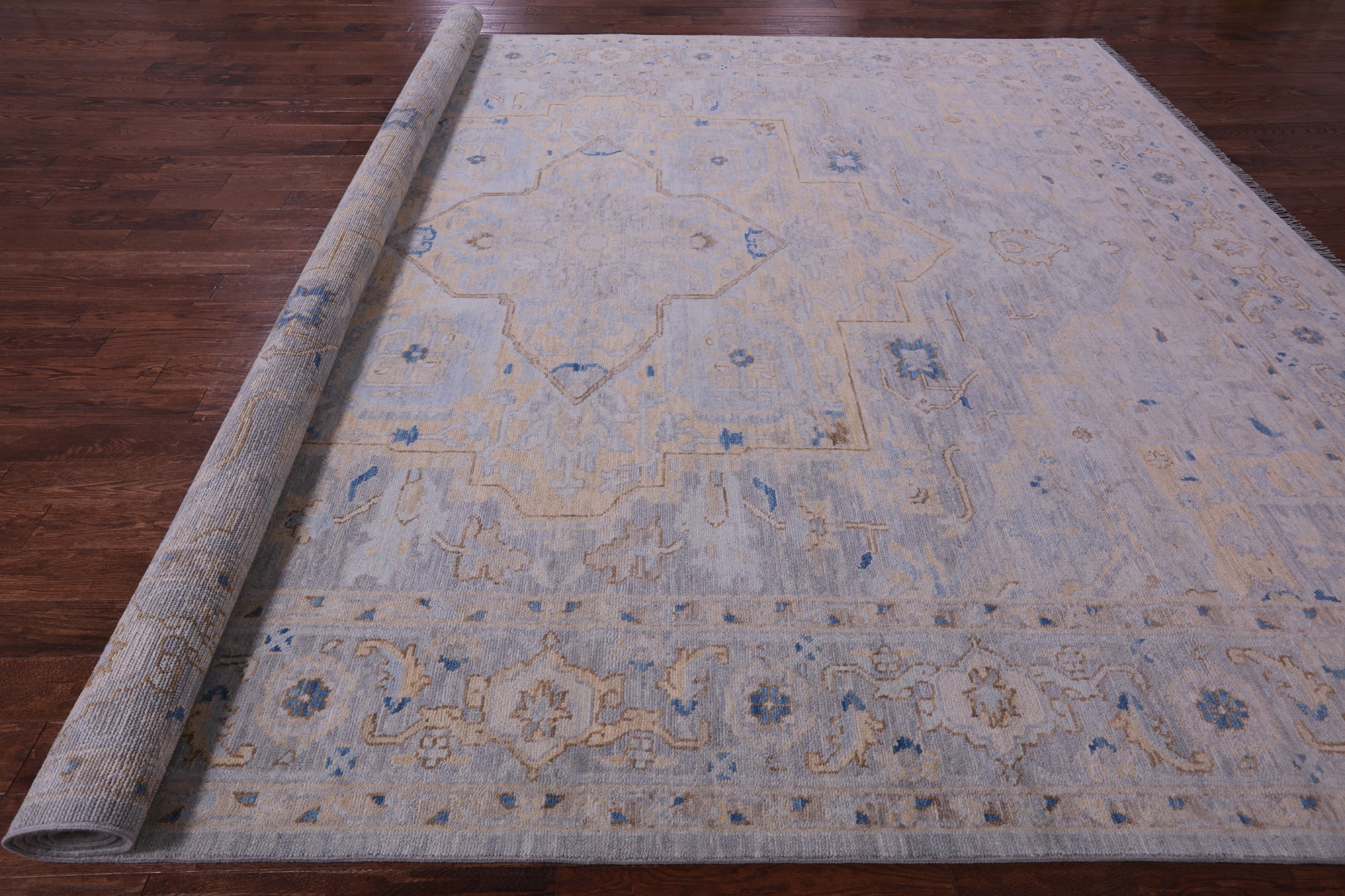Grey Geometric Fine Serapi Hand Knotted Wool Rug - 11' 11" X 14' 10" - Golden Nile
