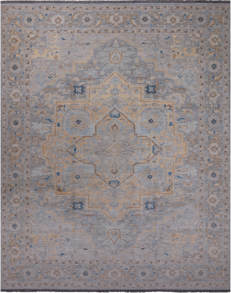 Grey Geometric Fine Serapi Hand Knotted Wool Rug - 11' 11" X 14' 10"