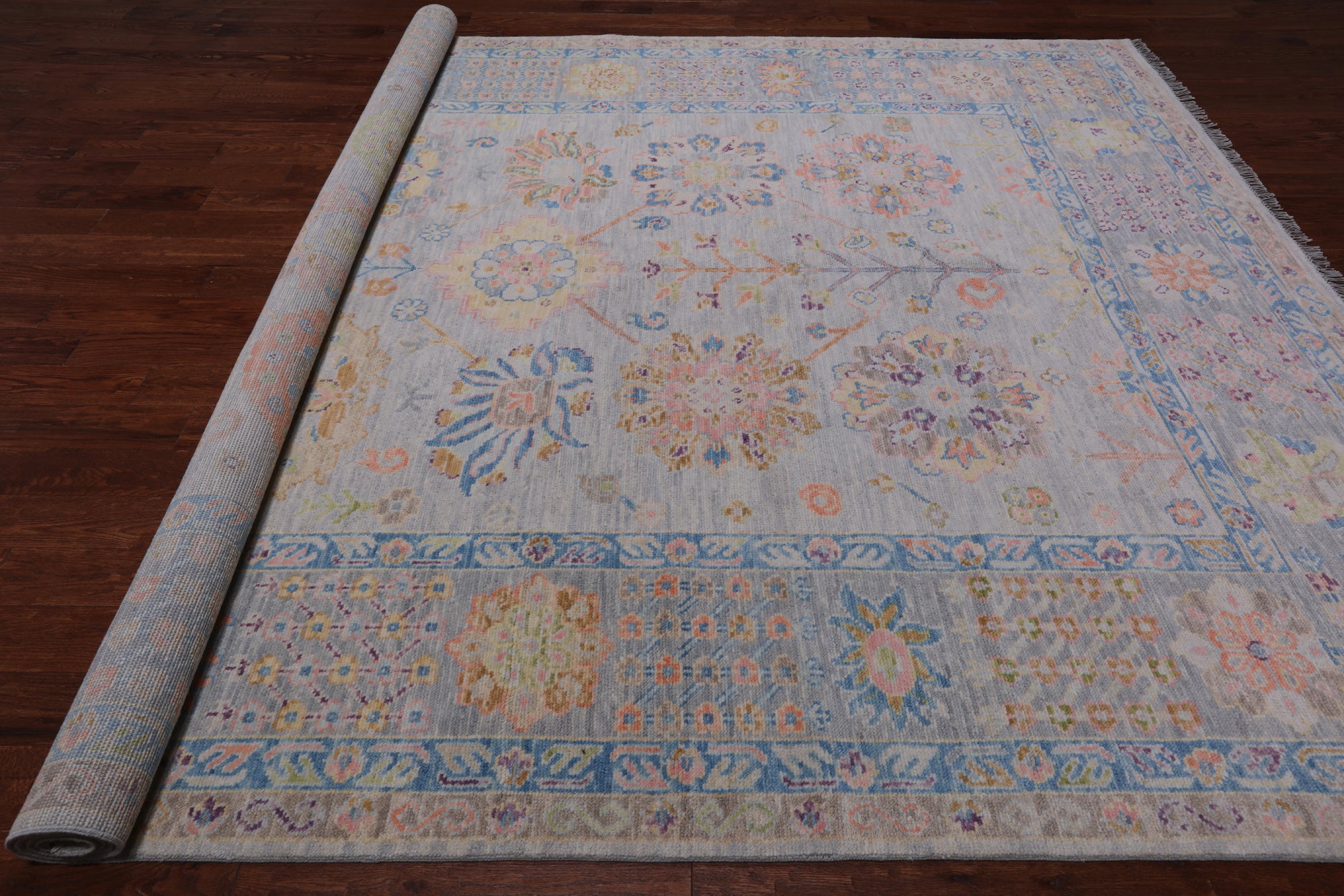 Grey Geometric Fine Serapi Hand Knotted Wool Rug - 9' 3" X 12' 2"