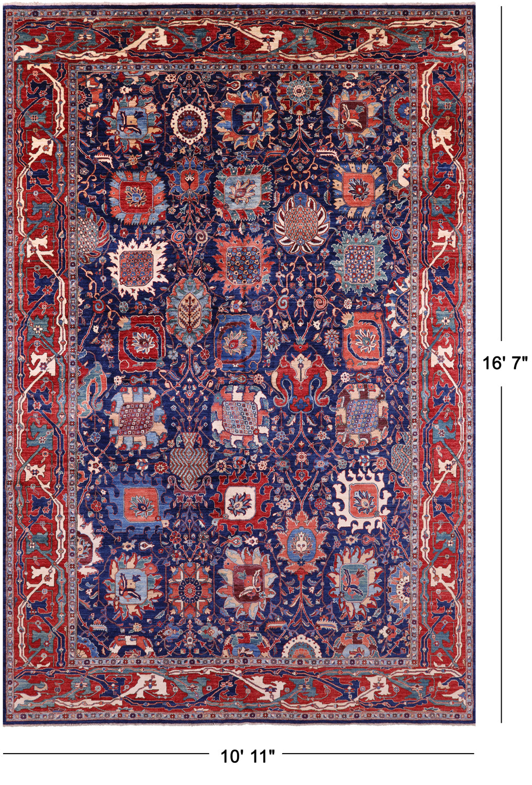 Blue Persian Fine Serapi Handmade Wool Rug - 10' 11" X 16' 7" - Golden Nile