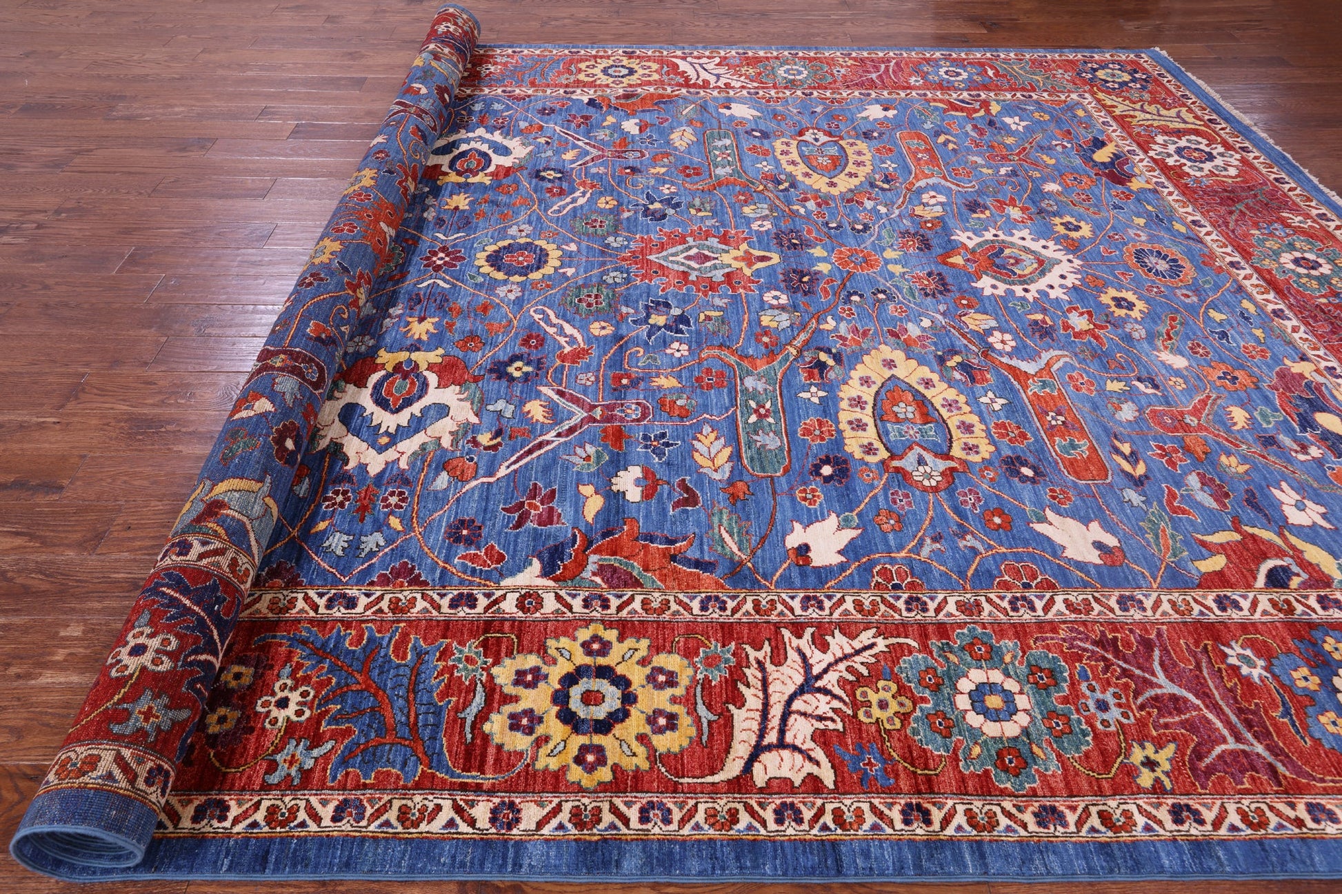 Blue Persian Fine Serapi Hand Knotted Wool Rug - 9' 11" X 13' 9" - Golden Nile