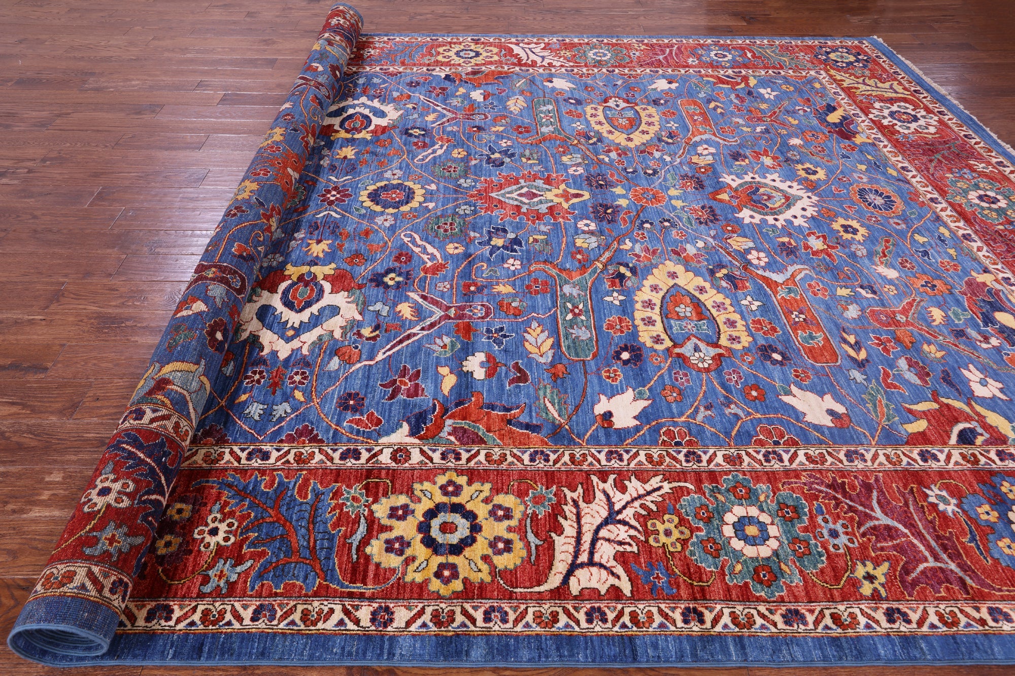 Blue Persian Fine Serapi Hand Knotted Wool Rug - 9' 11" X 13' 9" - Golden Nile