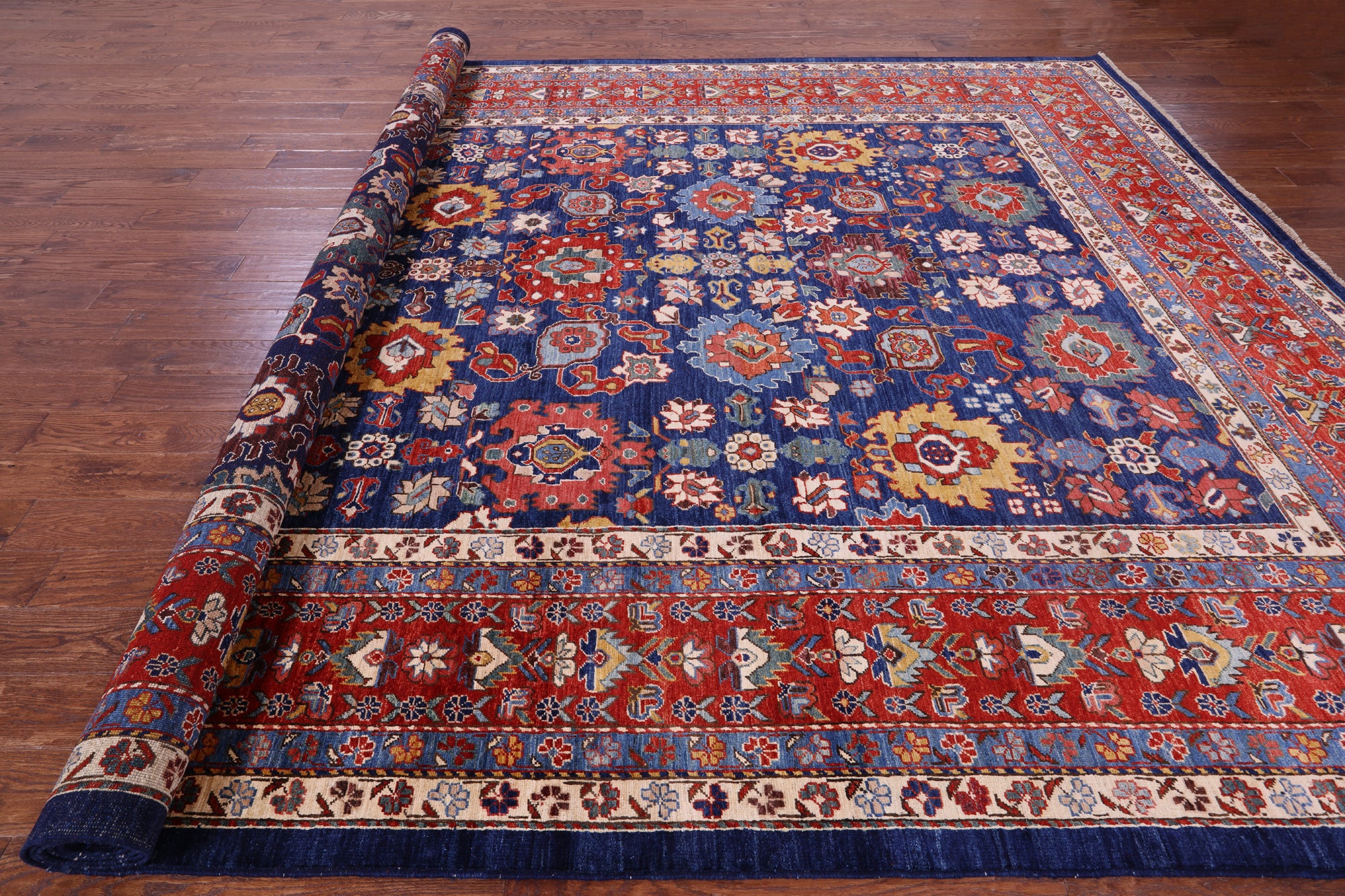 Blue Persian Fine Serapi Hand Knotted Wool Rug - 9' 10" X 13' 10" - Golden Nile