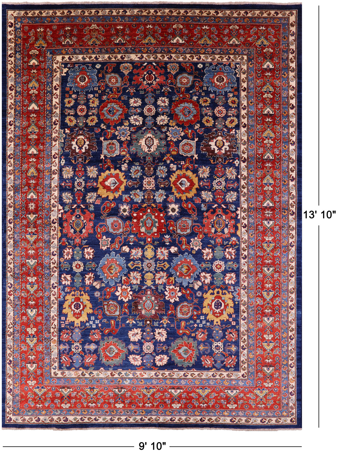 Blue Persian Fine Serapi Hand Knotted Wool Rug - 9' 10" X 13' 10" - Golden Nile