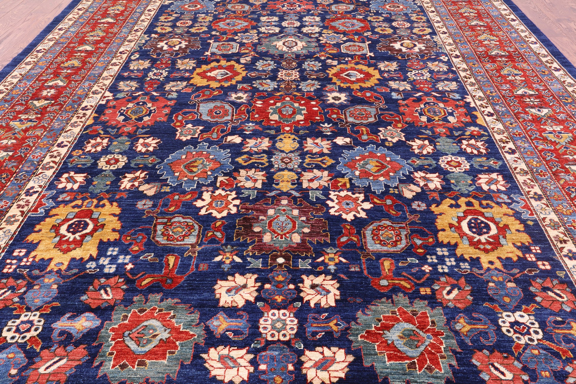 Blue Persian Fine Serapi Hand Knotted Wool Rug - 9' 10" X 13' 10" - Golden Nile