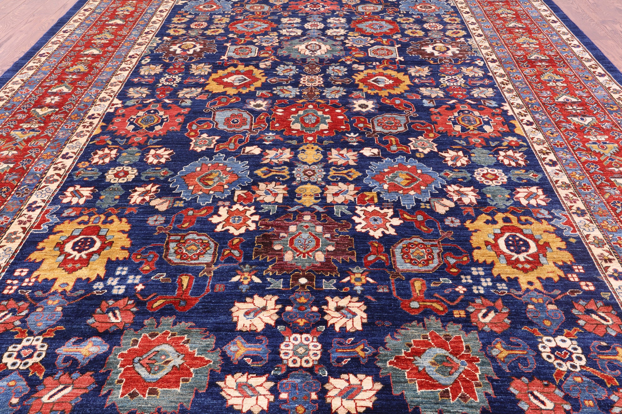 Blue Persian Fine Serapi Hand Knotted Wool Rug - 9' 10" X 13' 10" - Golden Nile