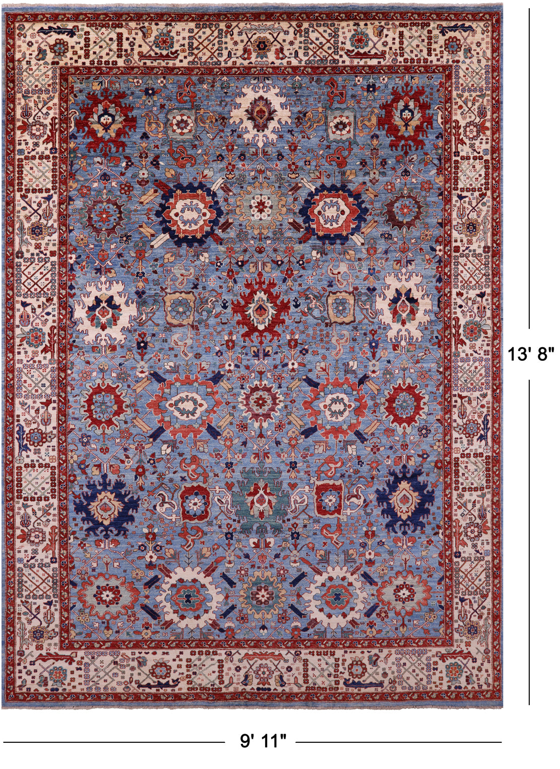 Blue Persian Fine Serapi Hand Knotted Wool Rug - 9' 11" X 13' 8" - Golden Nile