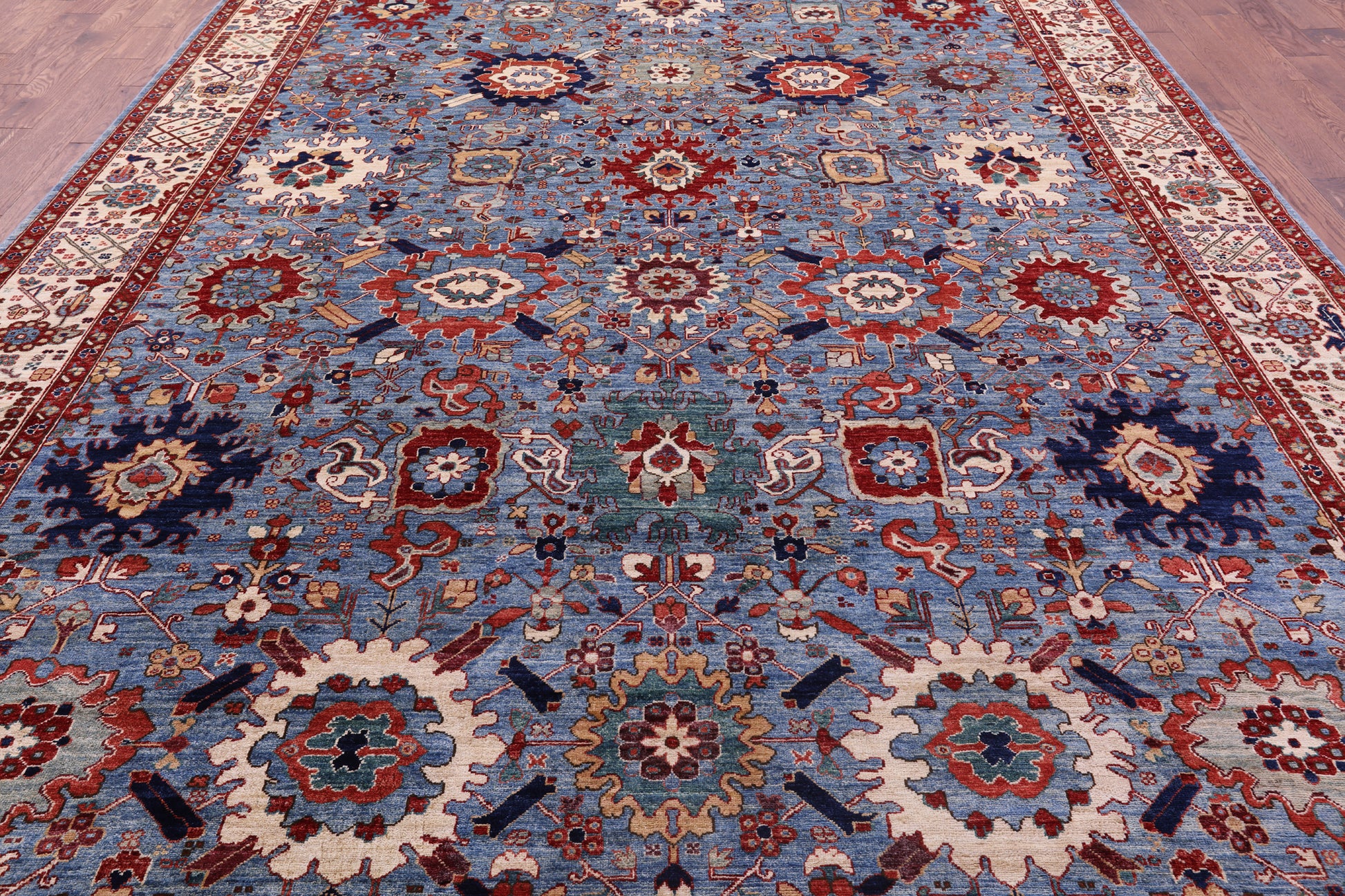Blue Persian Fine Serapi Hand Knotted Wool Rug - 9' 11" X 13' 8" - Golden Nile
