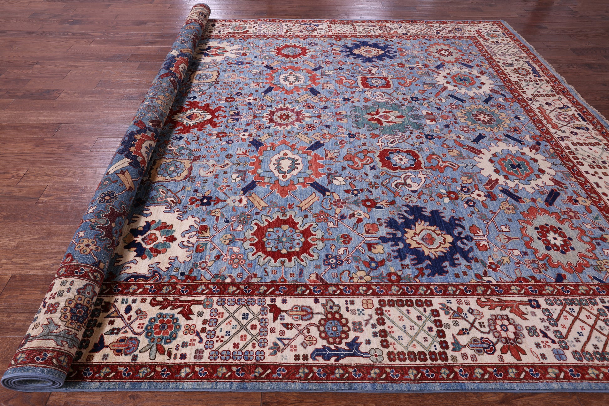 Blue Persian Fine Serapi Hand Knotted Wool Rug - 9' 11" X 13' 8" - Golden Nile