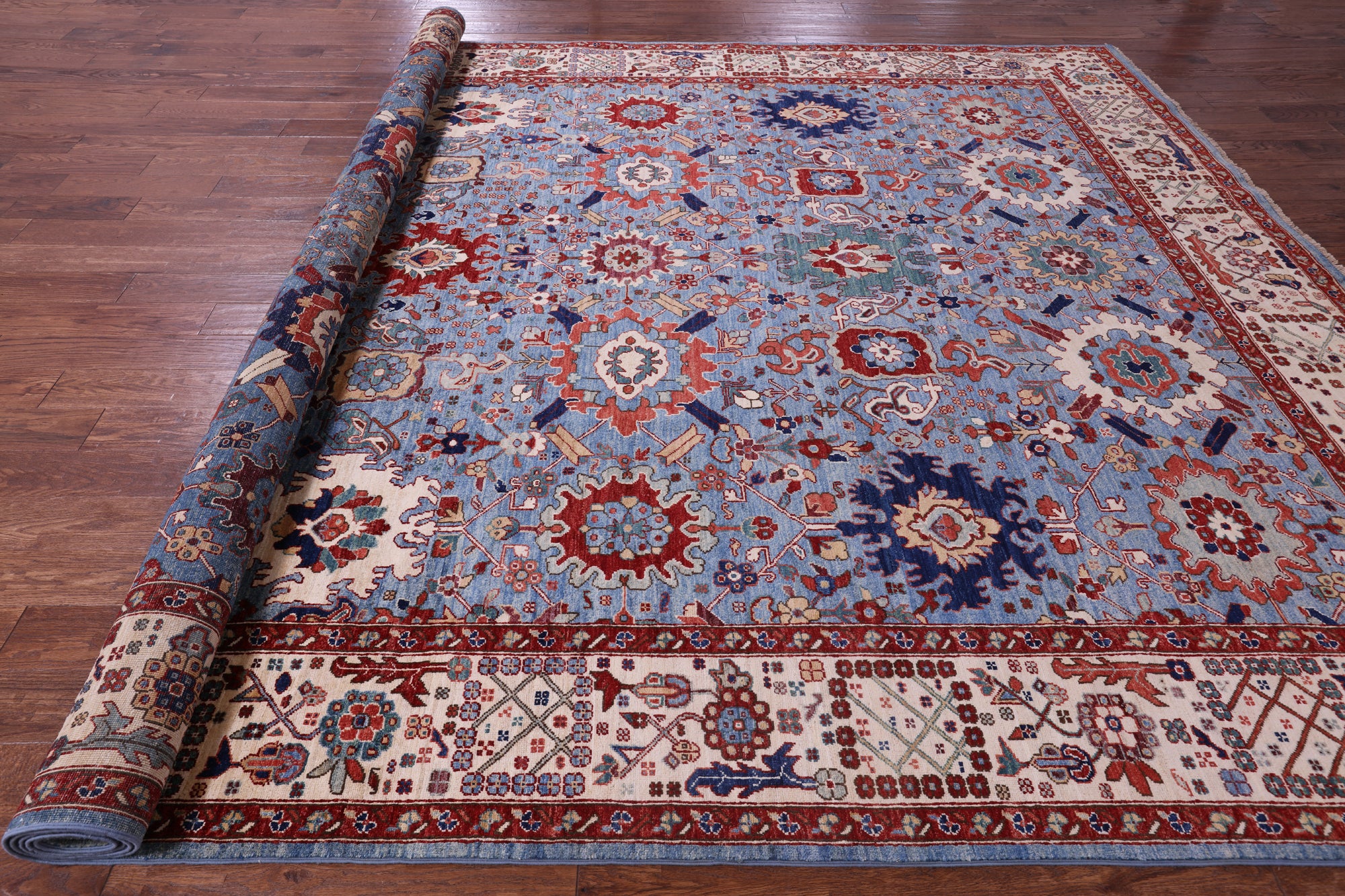 Blue Persian Fine Serapi Hand Knotted Wool Rug - 9' 11" X 13' 8" - Golden Nile