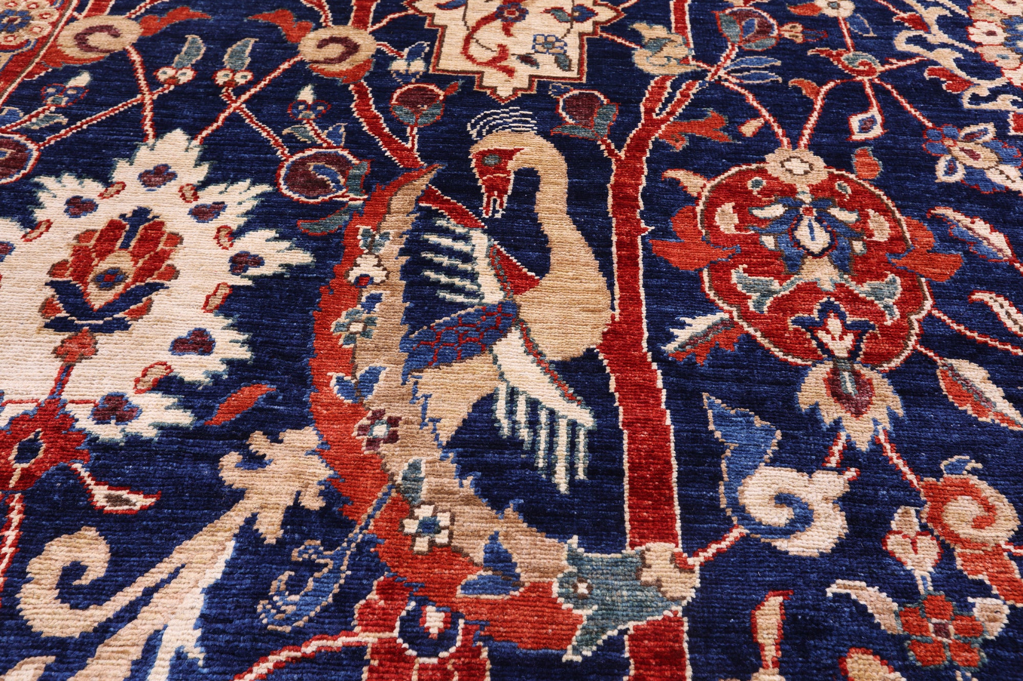 Blue Exotic Birds Persian Fine Serapi Hand Knotted Wool Rug - 9' 10" X 13' 9" - Golden Nile