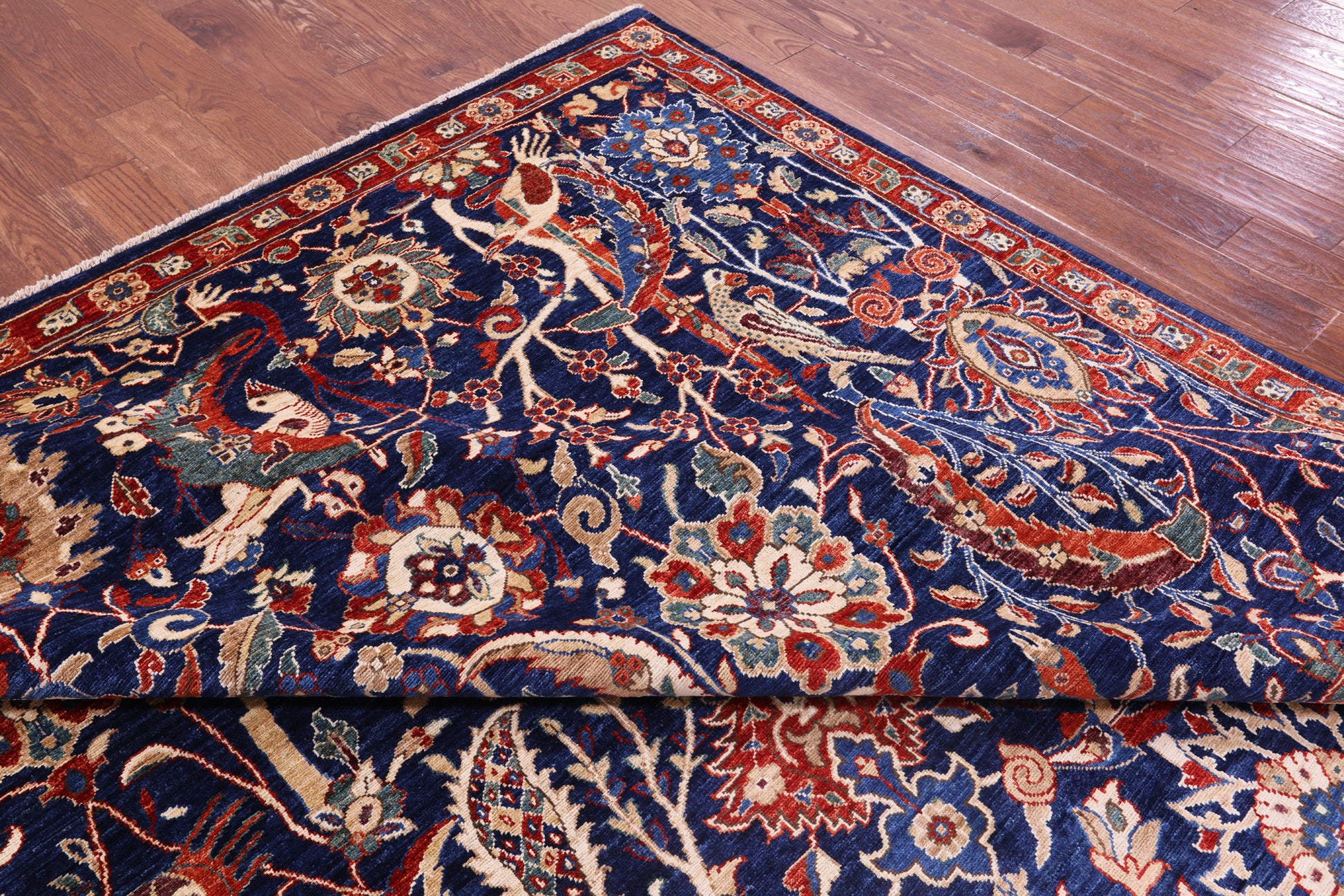 Blue Exotic Birds Persian Fine Serapi Hand Knotted Wool Rug - 9' 10" X 13' 9" - Golden Nile