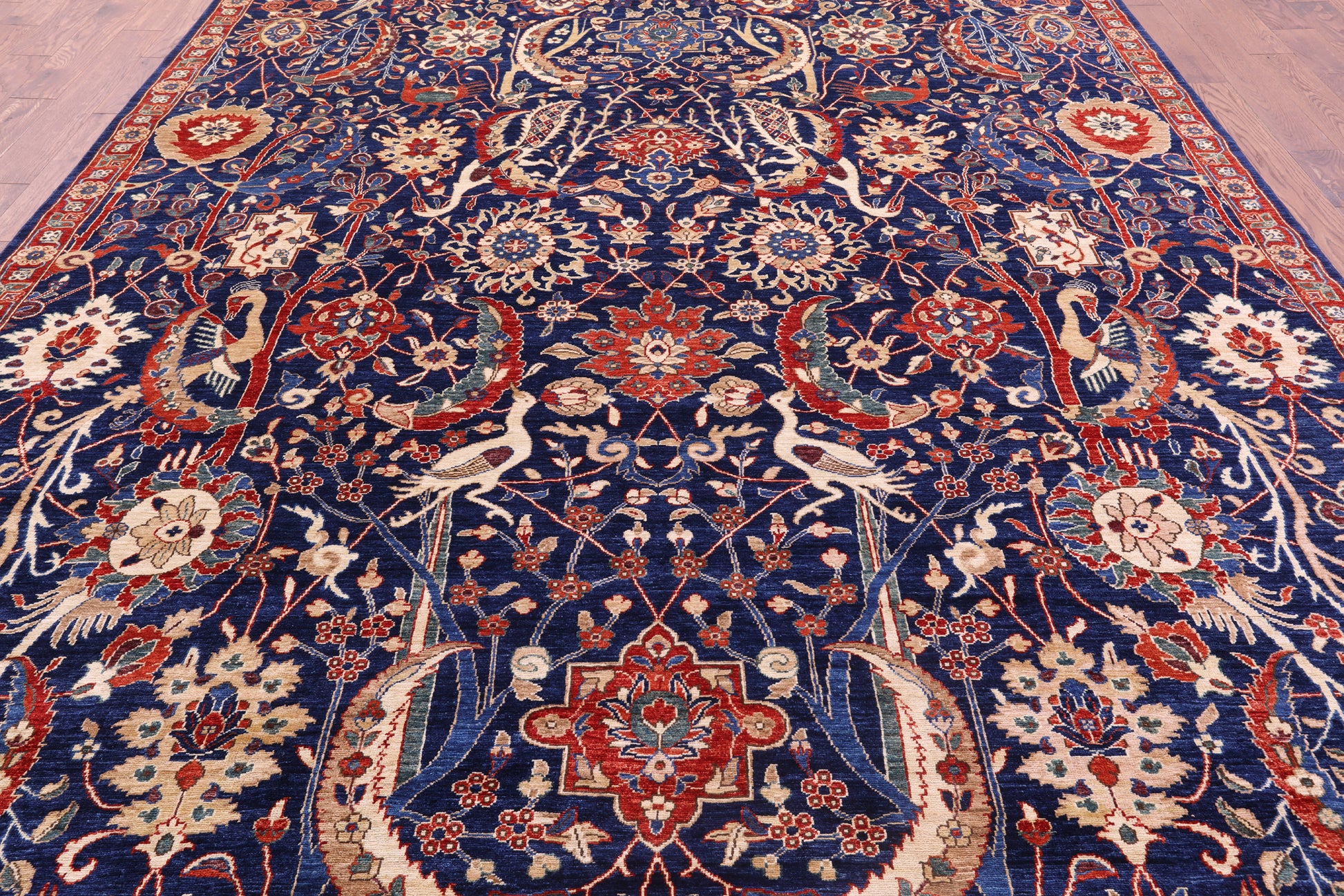 Blue Exotic Birds Persian Fine Serapi Hand Knotted Wool Rug - 9' 10" X 13' 9" - Golden Nile