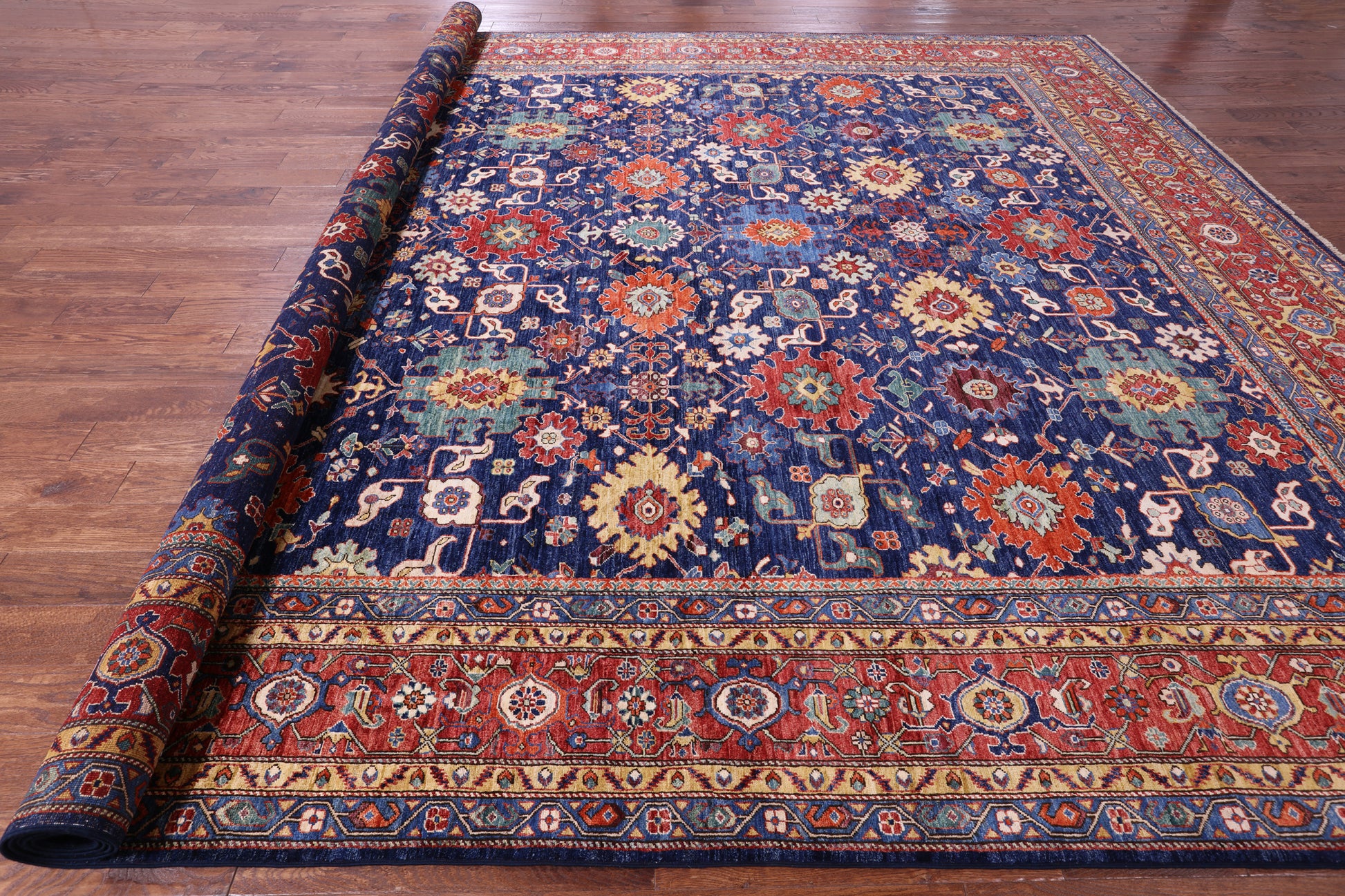 Blue Persian Fine Serapi Handmade Wool Rug - 11' 11" X 14' 10" - Golden Nile