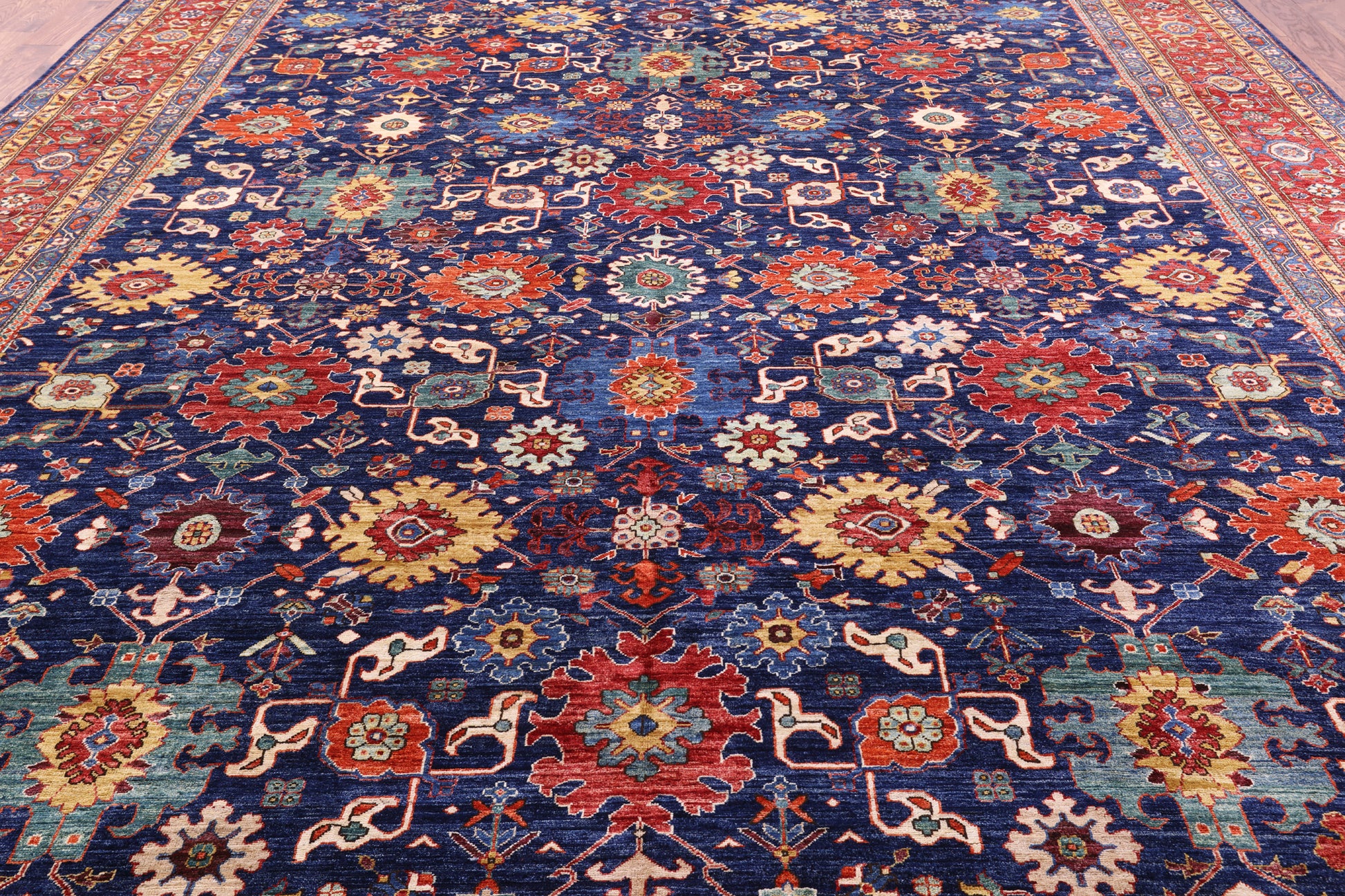 Blue Persian Fine Serapi Handmade Wool Rug - 11' 11" X 14' 10" - Golden Nile