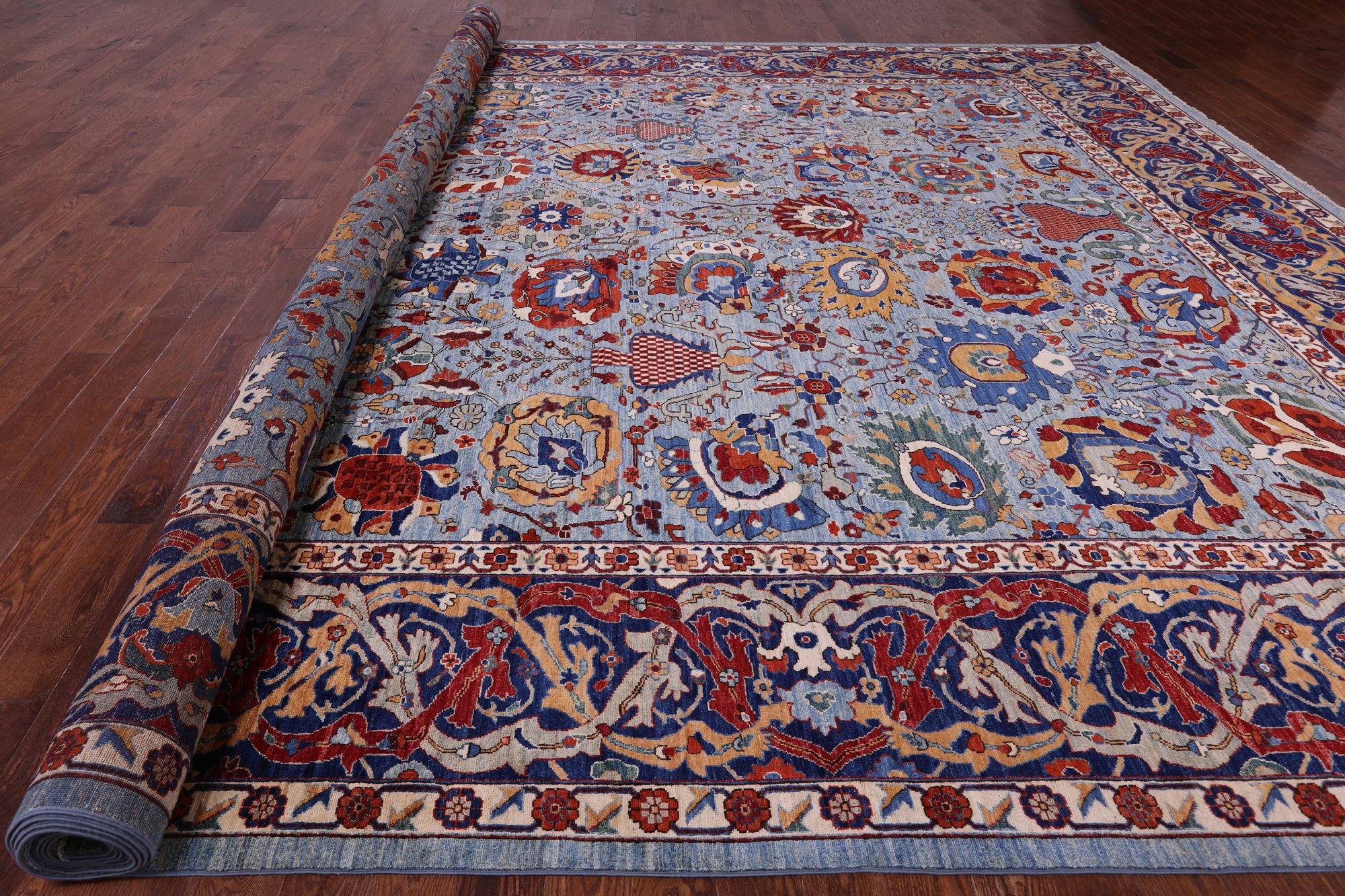 Blue Persian Fine Serapi Hand Knotted Wool Rug - 14' 5" X 23' 10" - Golden Nile