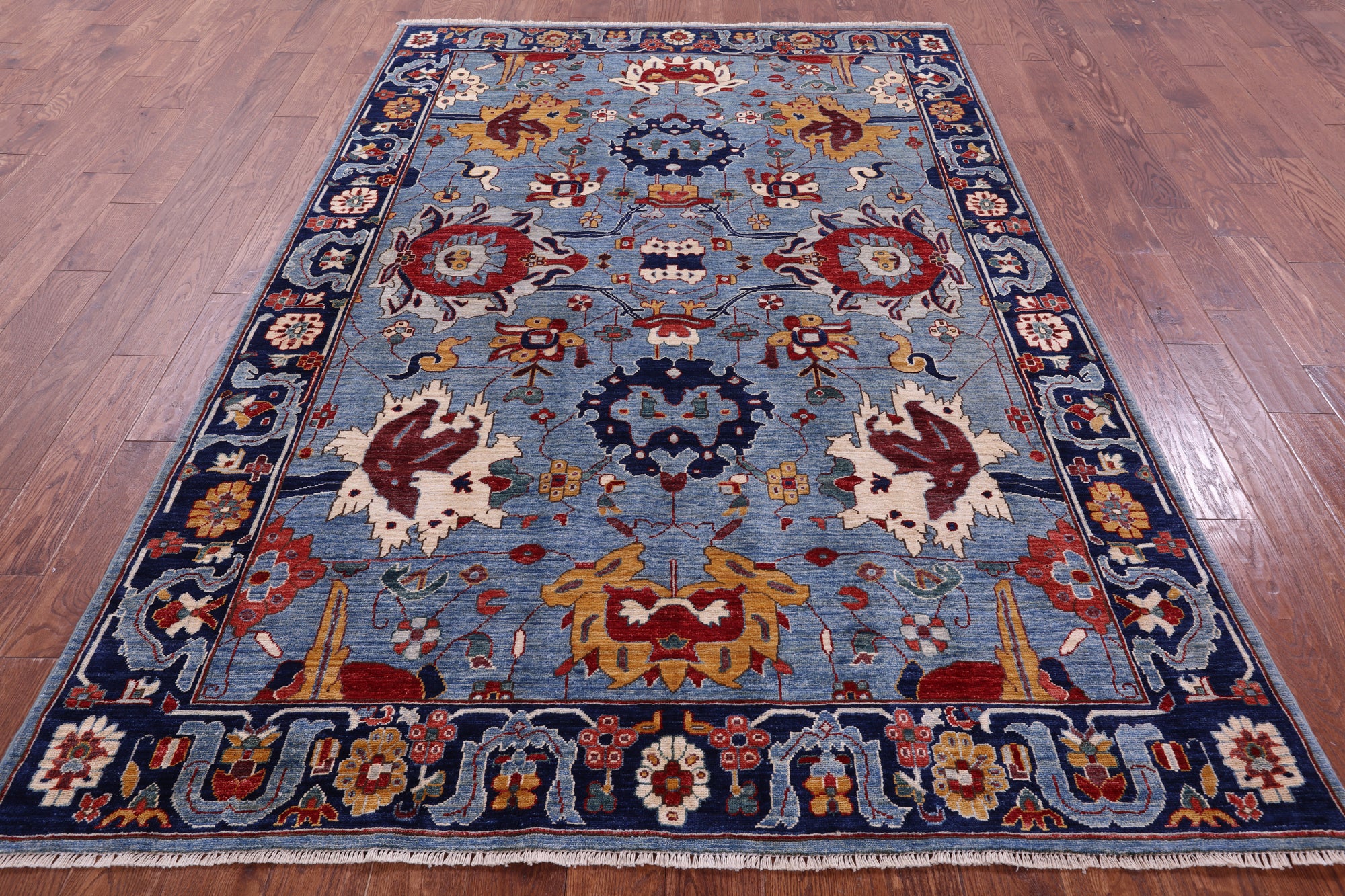 Blue Persian Fine Serapi Hand Knotted Wool Rug - 5' 11" X 8' 10" - Golden Nile