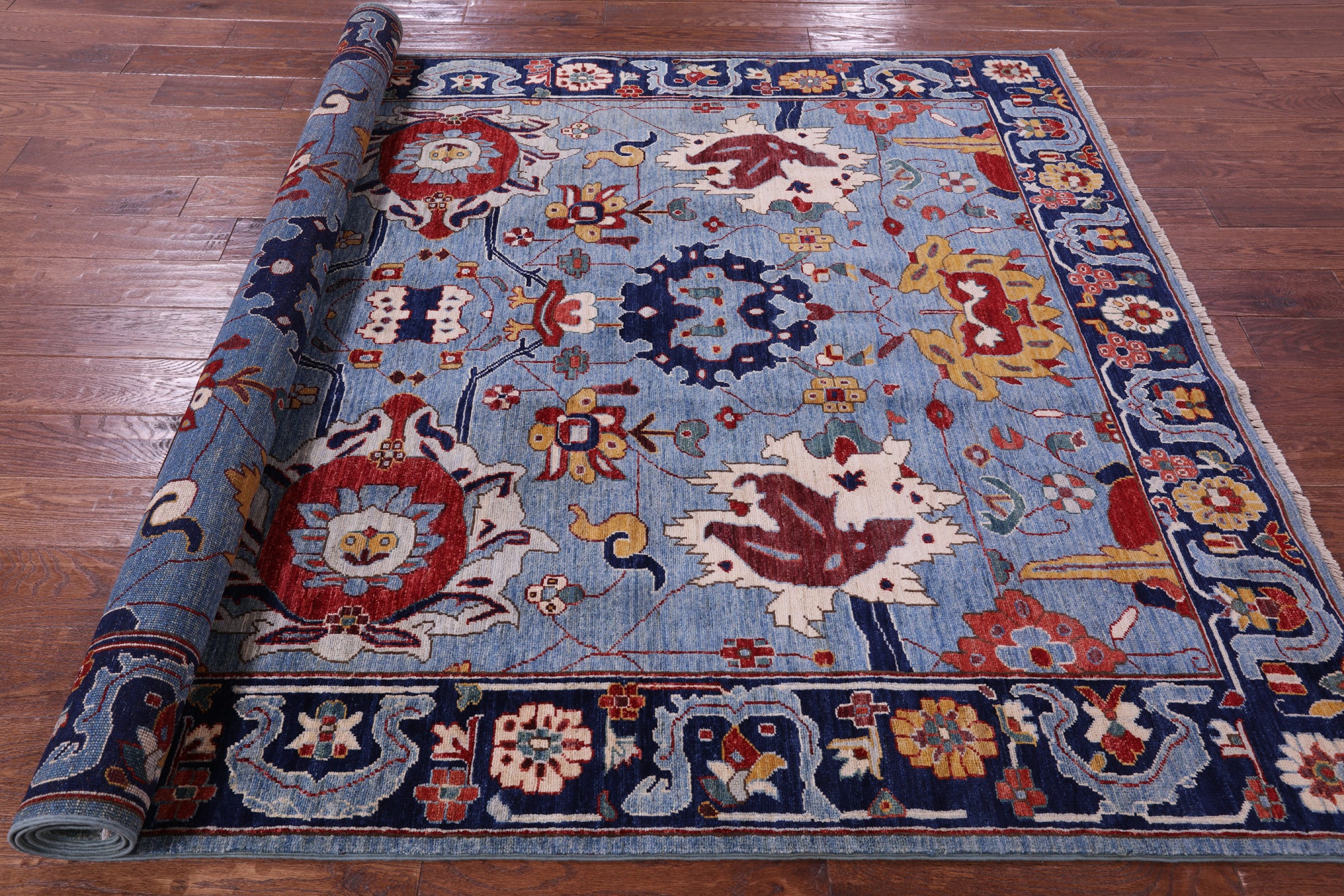 Blue Persian Fine Serapi Hand Knotted Wool Rug - 5' 11" X 8' 10" - Golden Nile