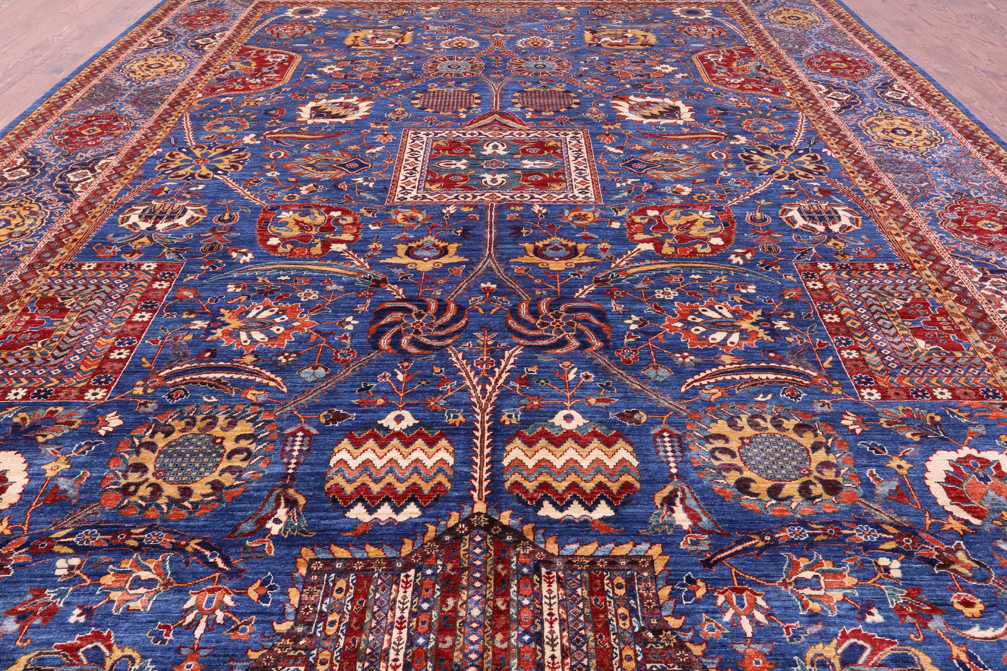 Blue Persian Fine Serapi Hand Knotted Wool Rug - 12' 0" X 18' 1" - Golden Nile