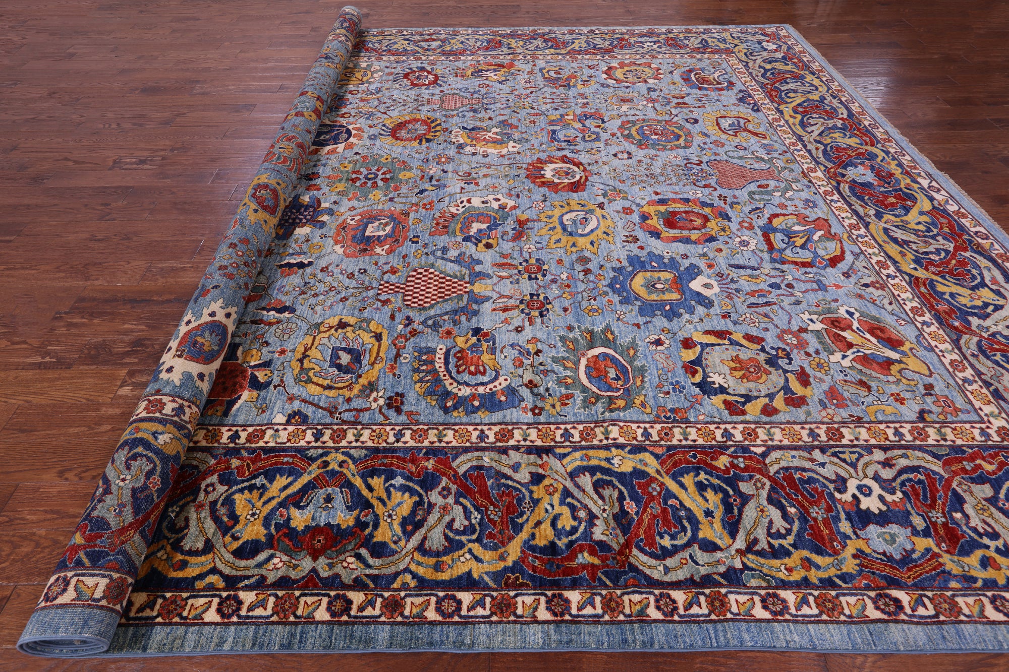 Blue Persian Fine Serapi Hand Knotted Wool Rug - 12' 0" X 14' 10" - Golden Nile