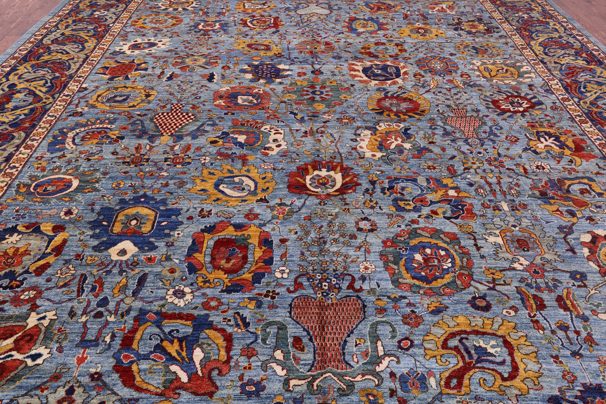 Blue Persian Fine Serapi Hand Knotted Wool Rug - 12' 0" X 14' 10" - Golden Nile