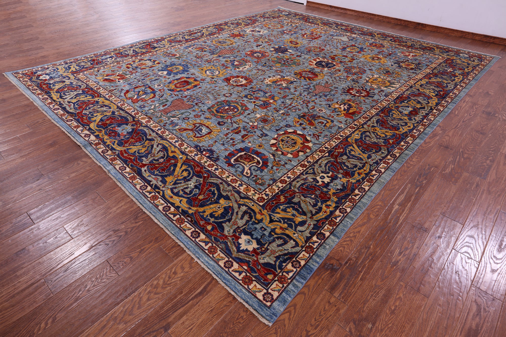 Blue Persian Fine Serapi Hand Knotted Wool Rug - 12' 0" X 14' 10" - Golden Nile