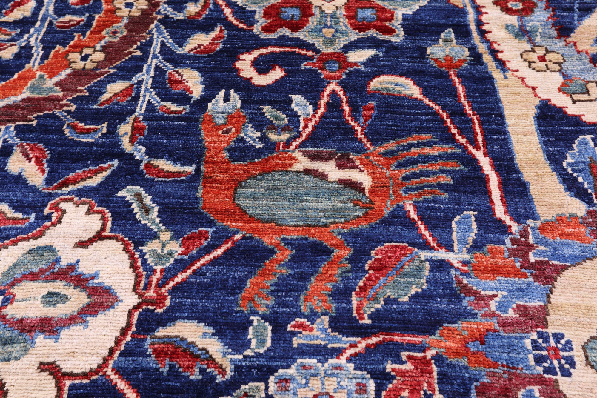 Blue Exotic Birds Persian Fine Serapi Hand Knotted Wool Rug - 12' 1" X 14' 8" - Golden Nile