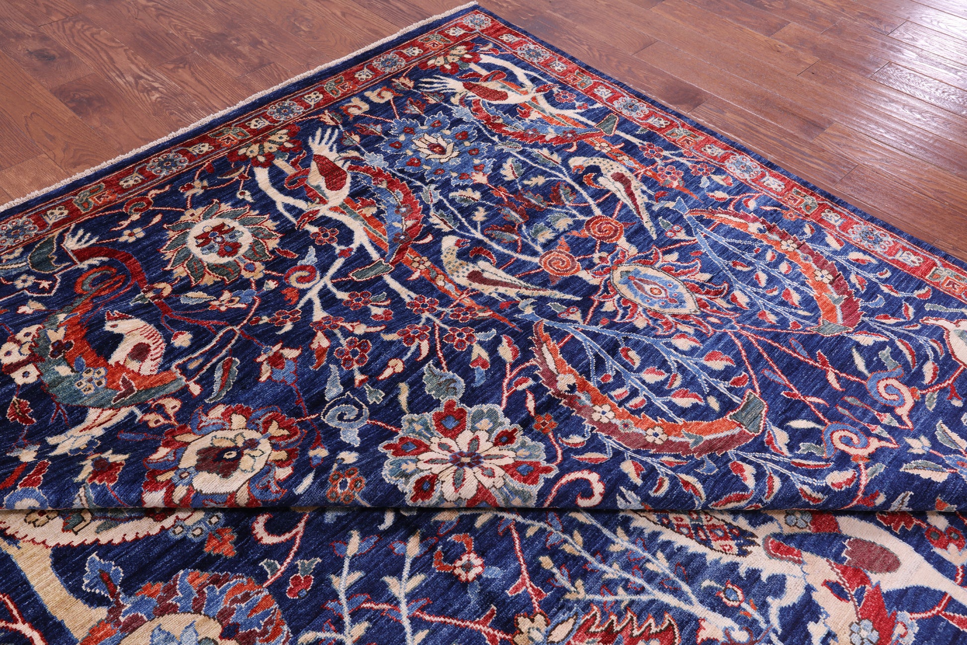 Blue Exotic Birds Persian Fine Serapi Hand Knotted Wool Rug - 12' 1" X 14' 8" - Golden Nile