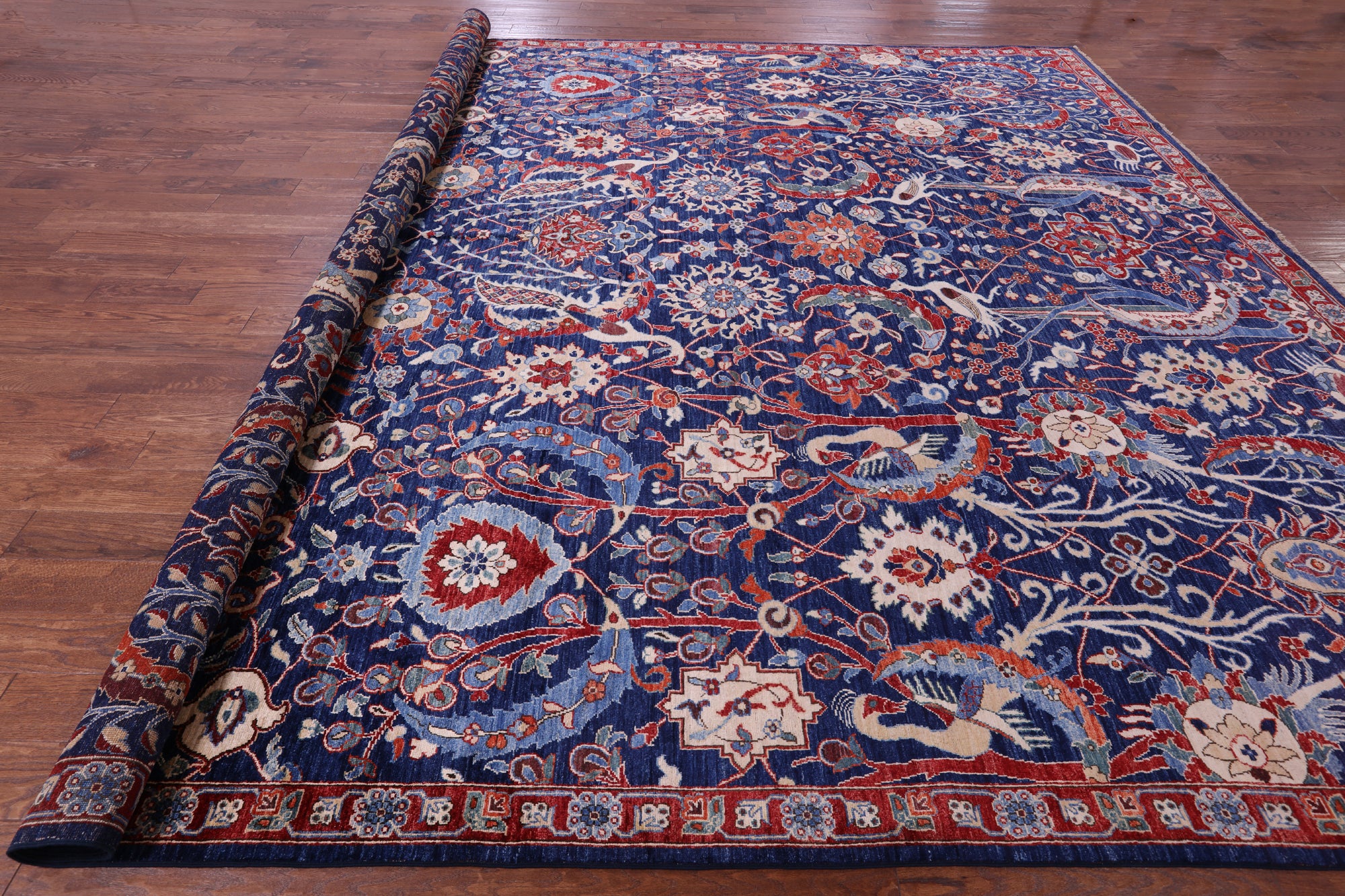 Blue Exotic Birds Persian Fine Serapi Hand Knotted Wool Rug - 12' 1" X 14' 8" - Golden Nile