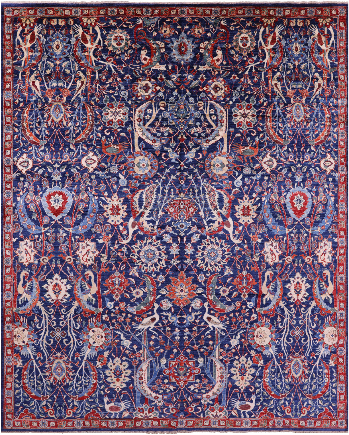 Blue Exotic Birds Persian Fine Serapi Hand Knotted Wool Rug - 12' 1" X 14' 8" - Golden Nile