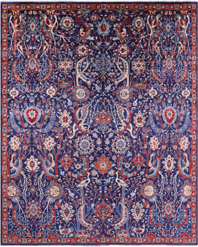 Blue Exotic Birds Persian Fine Serapi Hand Knotted Wool Rug - 12' 1