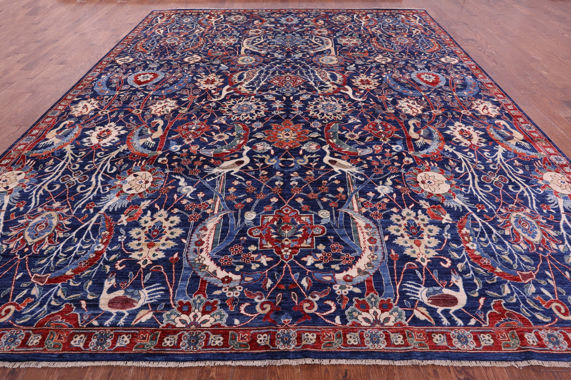 Blue Exotic Birds Persian Fine Serapi Hand Knotted Wool Rug - 12' 1" X 14' 8" - Golden Nile